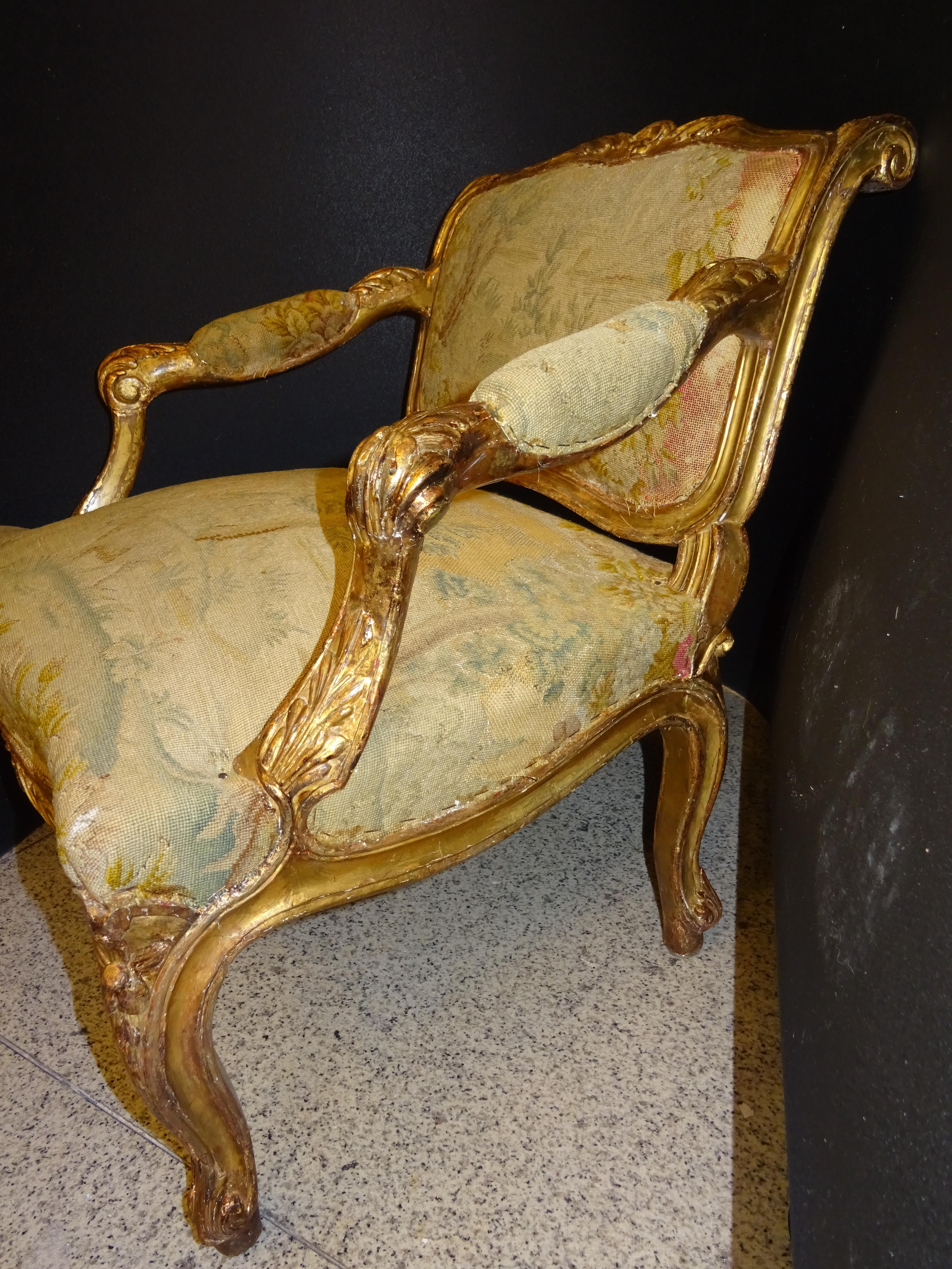 18th  Baroque French Armchair Carved and Gilded Wood , with Tapestry 1