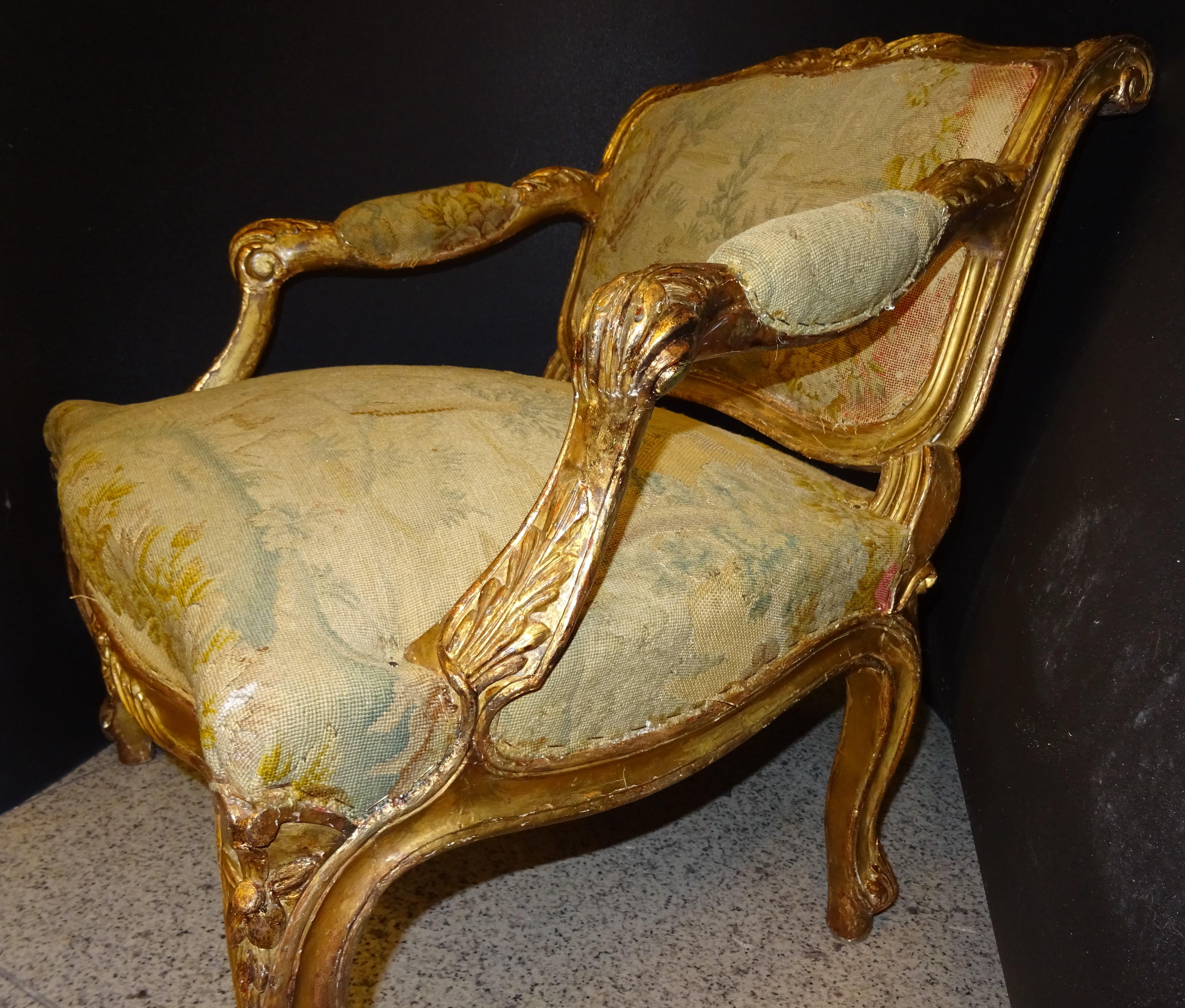 18th  Baroque French Armchair Carved and Gilded Wood , with Tapestry 2