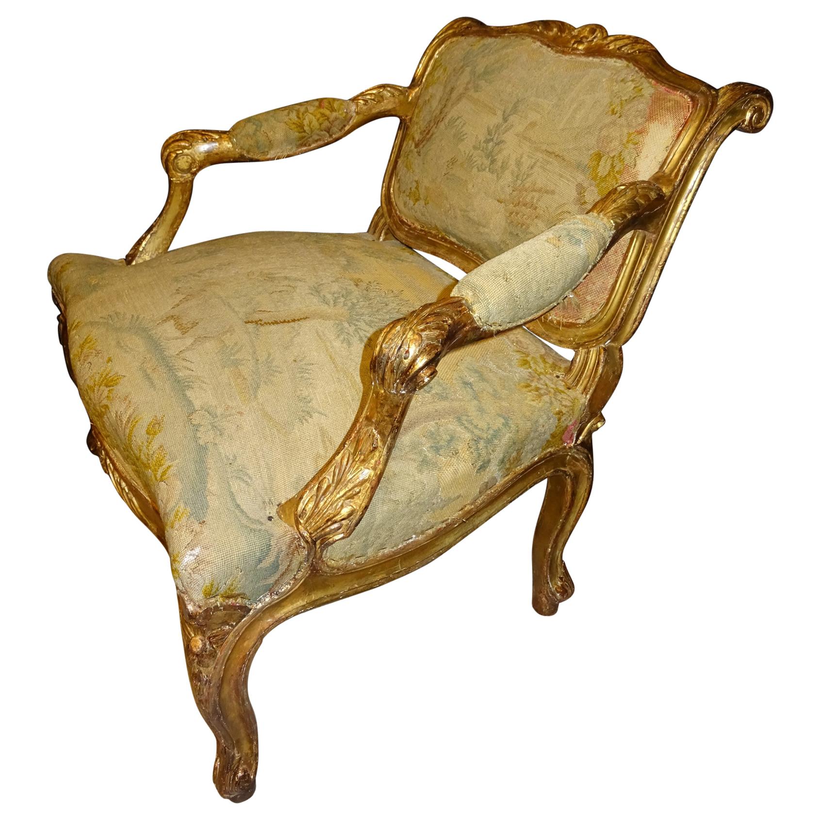 18th  Baroque French Armchair Carved and Gilded Wood , with Tapestry