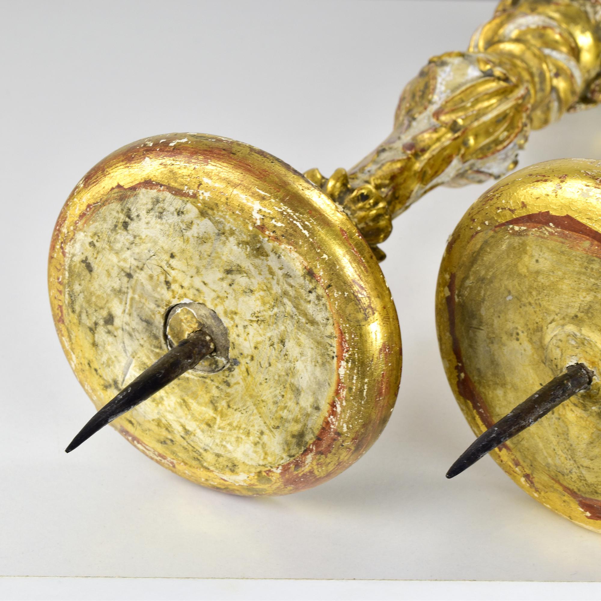 18th Century Baroque Giltwood Candleholders with Putti Decorations For Sale 3