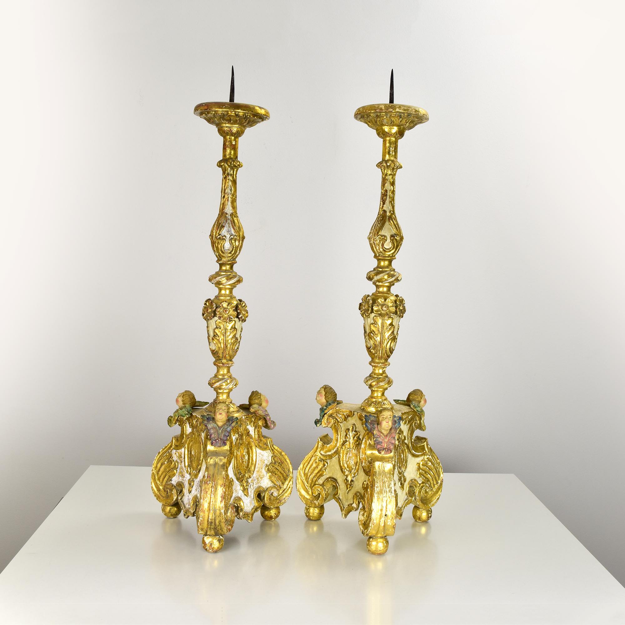 German 18th Century Baroque Giltwood Candleholders with Putti Decorations For Sale