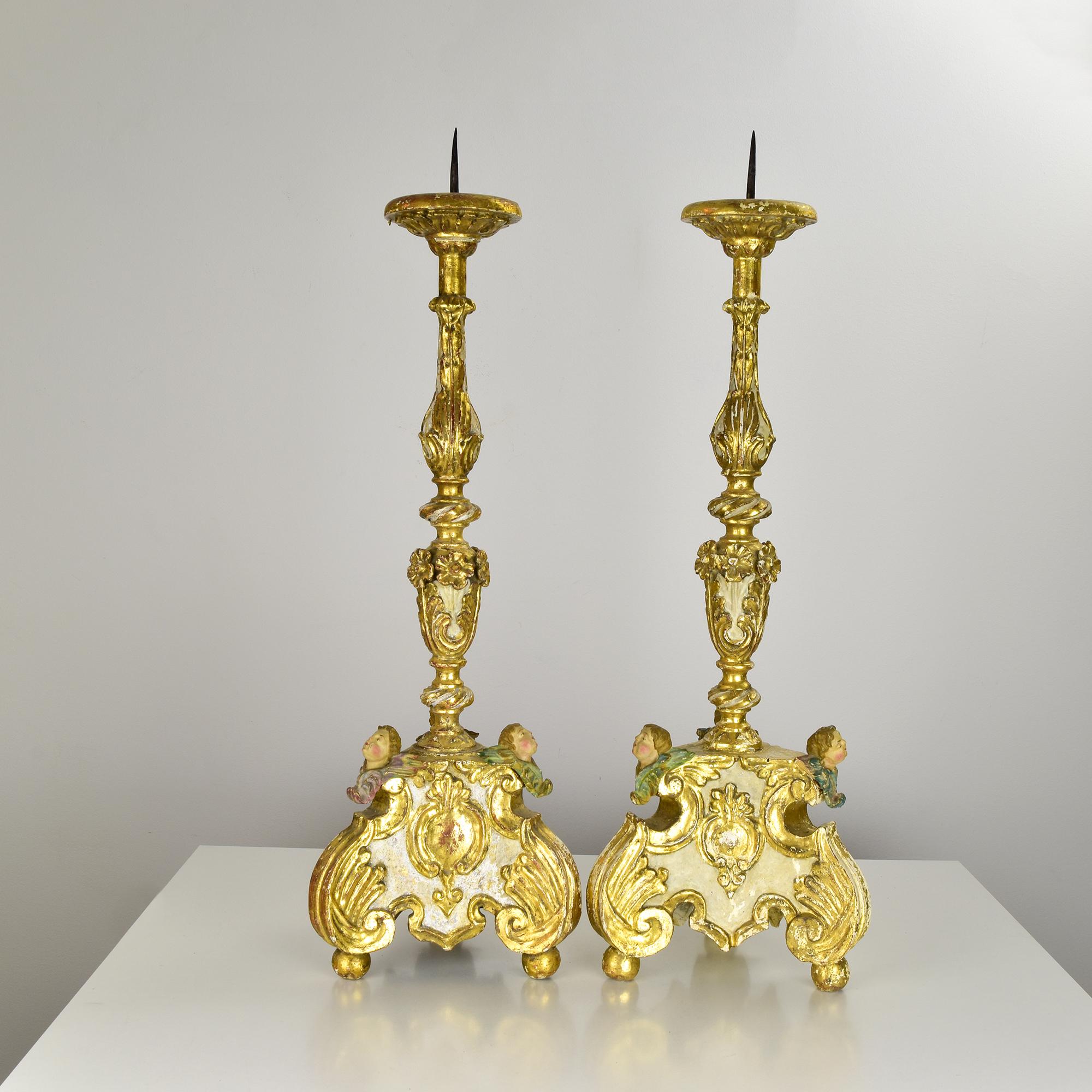 18th Century Baroque Giltwood Candleholders with Putti Decorations In Good Condition For Sale In Bad Säckingen, DE