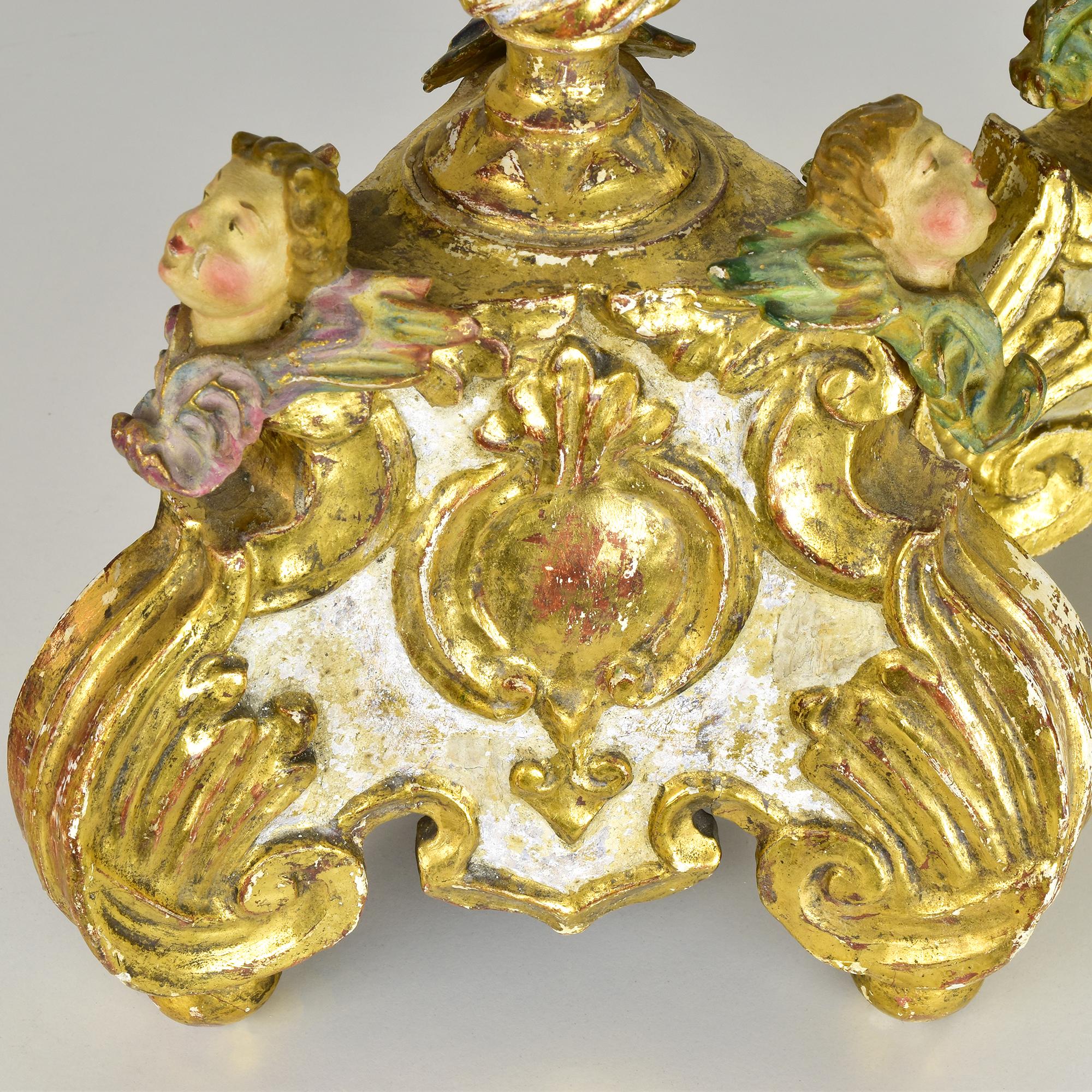 18th Century and Earlier 18th Century Baroque Giltwood Candleholders with Putti Decorations For Sale