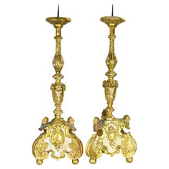 Antique 18th Century Baroque Giltwood Candleholders with Putti Decorations