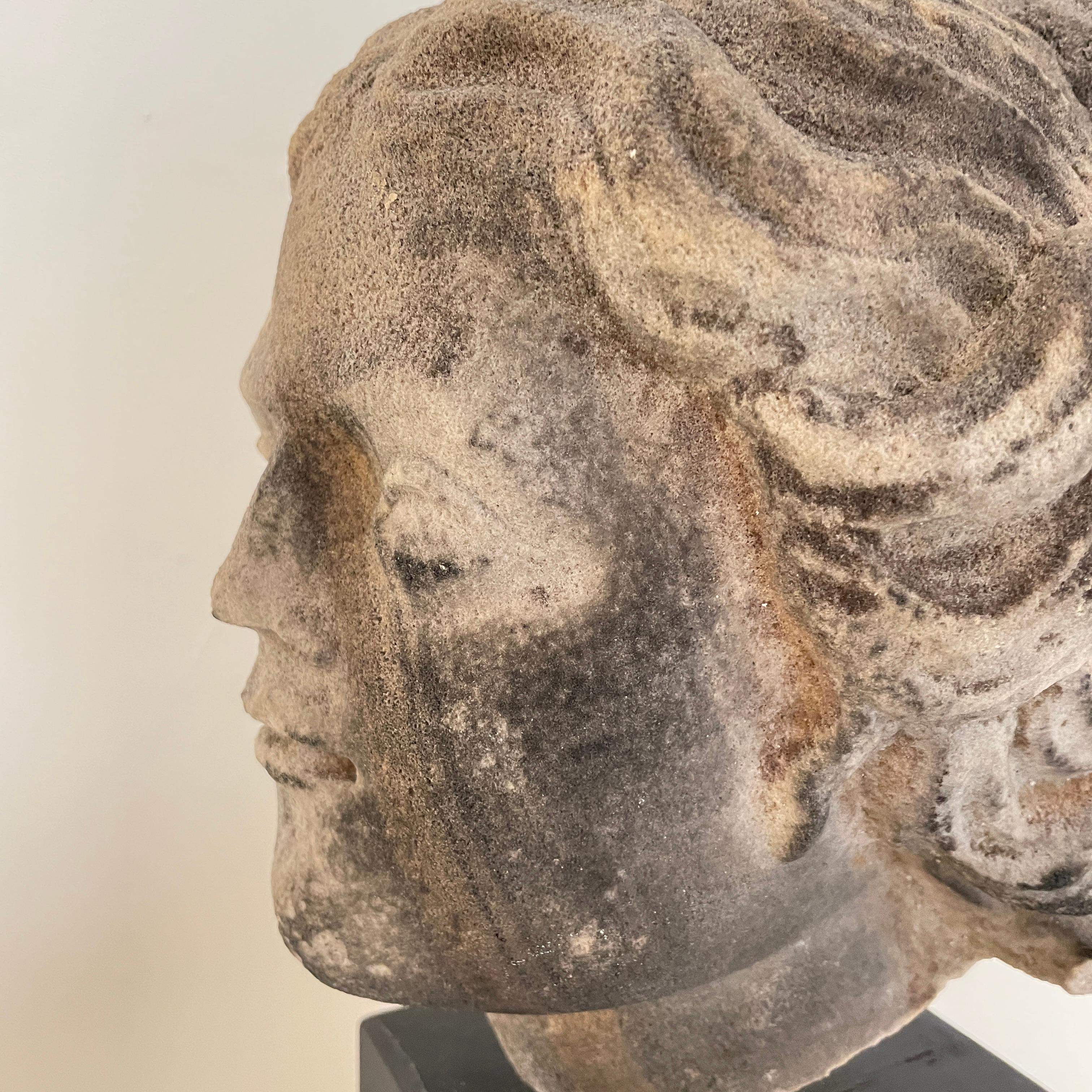 18th Century Baroque Grey Sandstone Head of a Woman on a Black Base, Around 1780 13