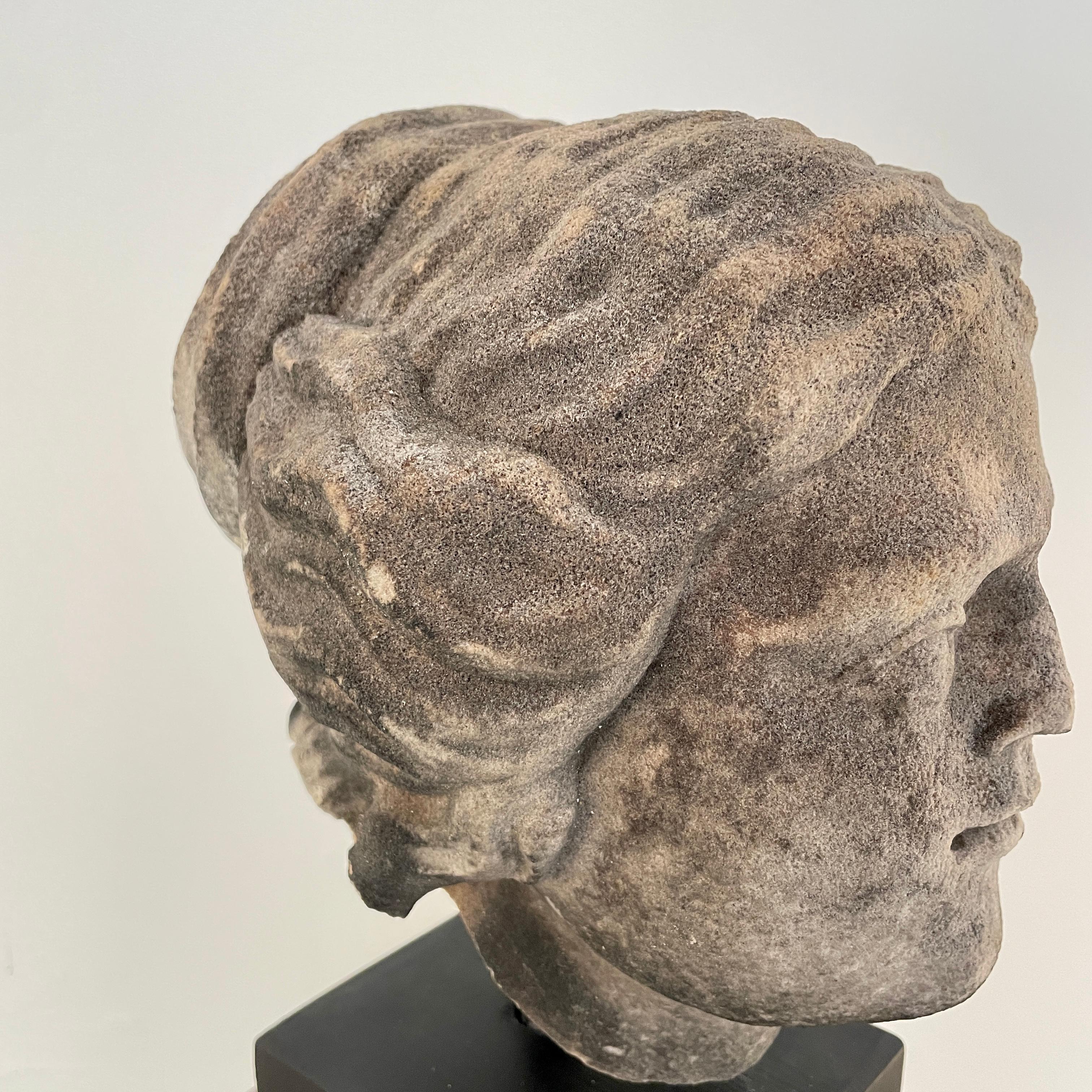 18th Century Baroque Grey Sandstone Head of a Woman on a Black Base, Around 1780 1
