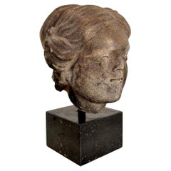 Antique 18th Century Baroque Grey Sandstone Head of a Woman on Marble Base, Around 1780