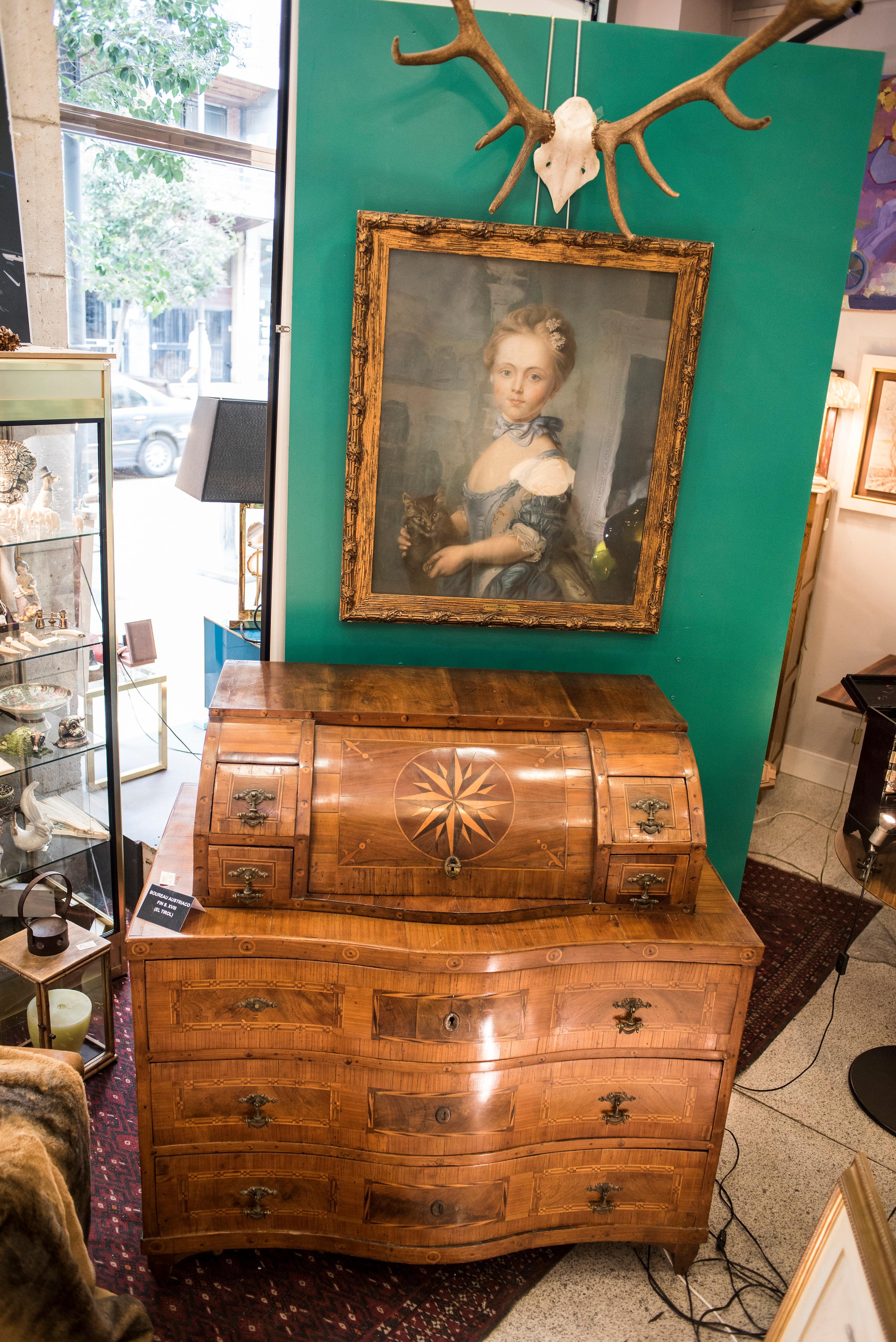 Black Forest 18th Century Baroque Intarsia Walnut Wood Austrian or Tyrolean Bureau, 1780