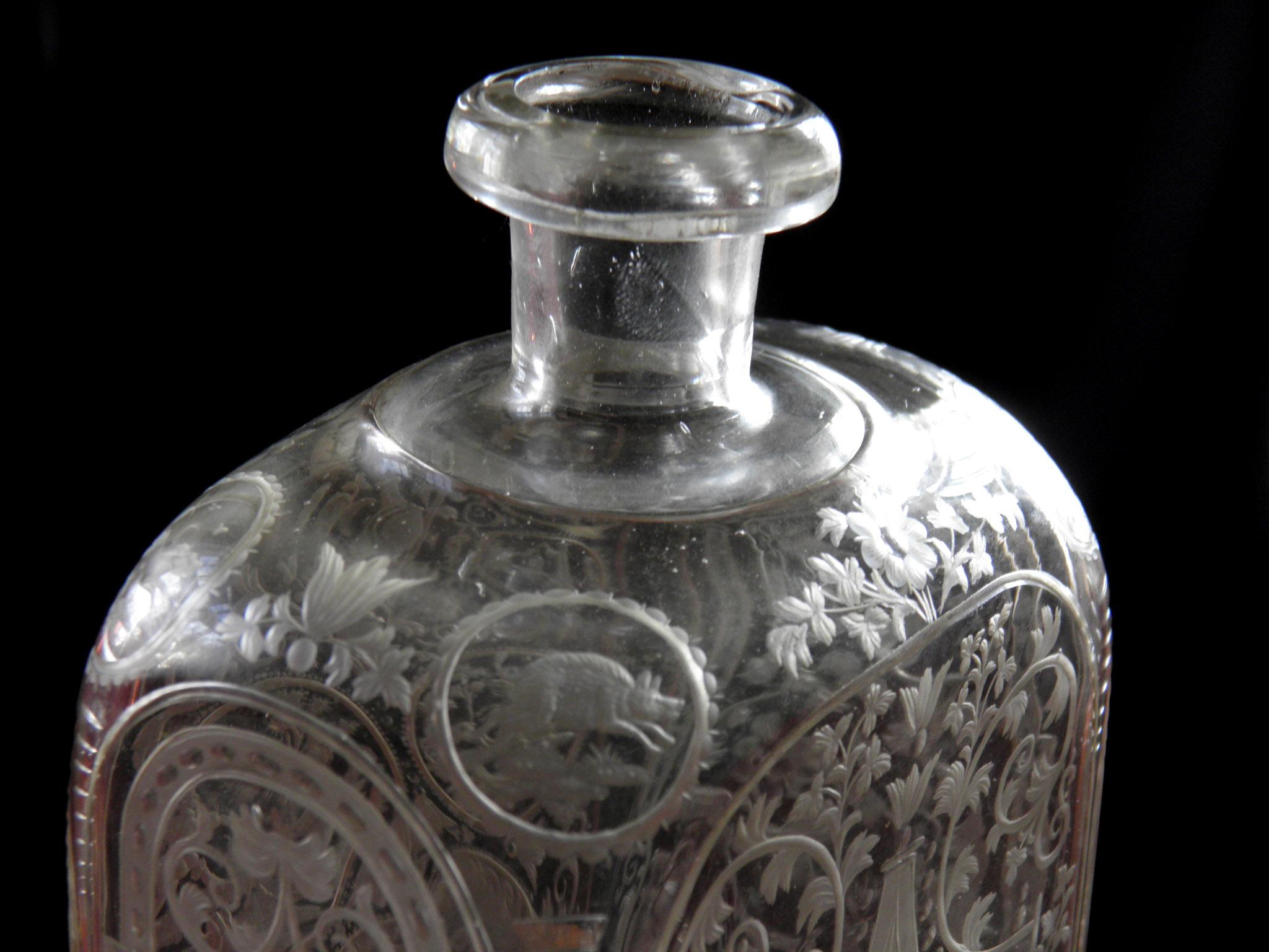 Engraved Heraldic Baroque bottle of the 18th century-Hunting motif (video) 8