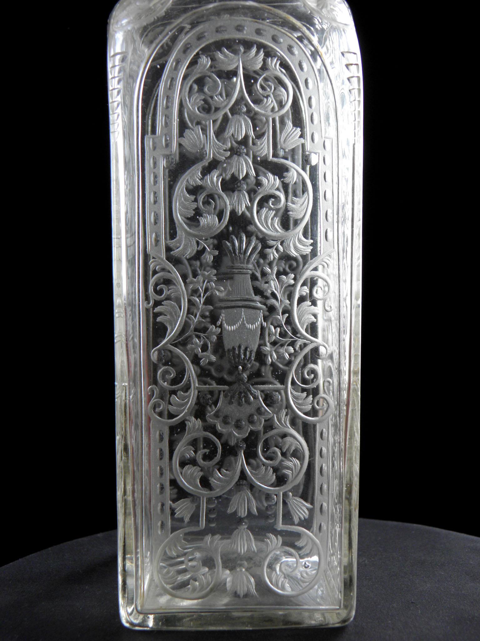 18th Century and Earlier Engraved Heraldic Baroque bottle of the 18th century-Hunting motif (video)