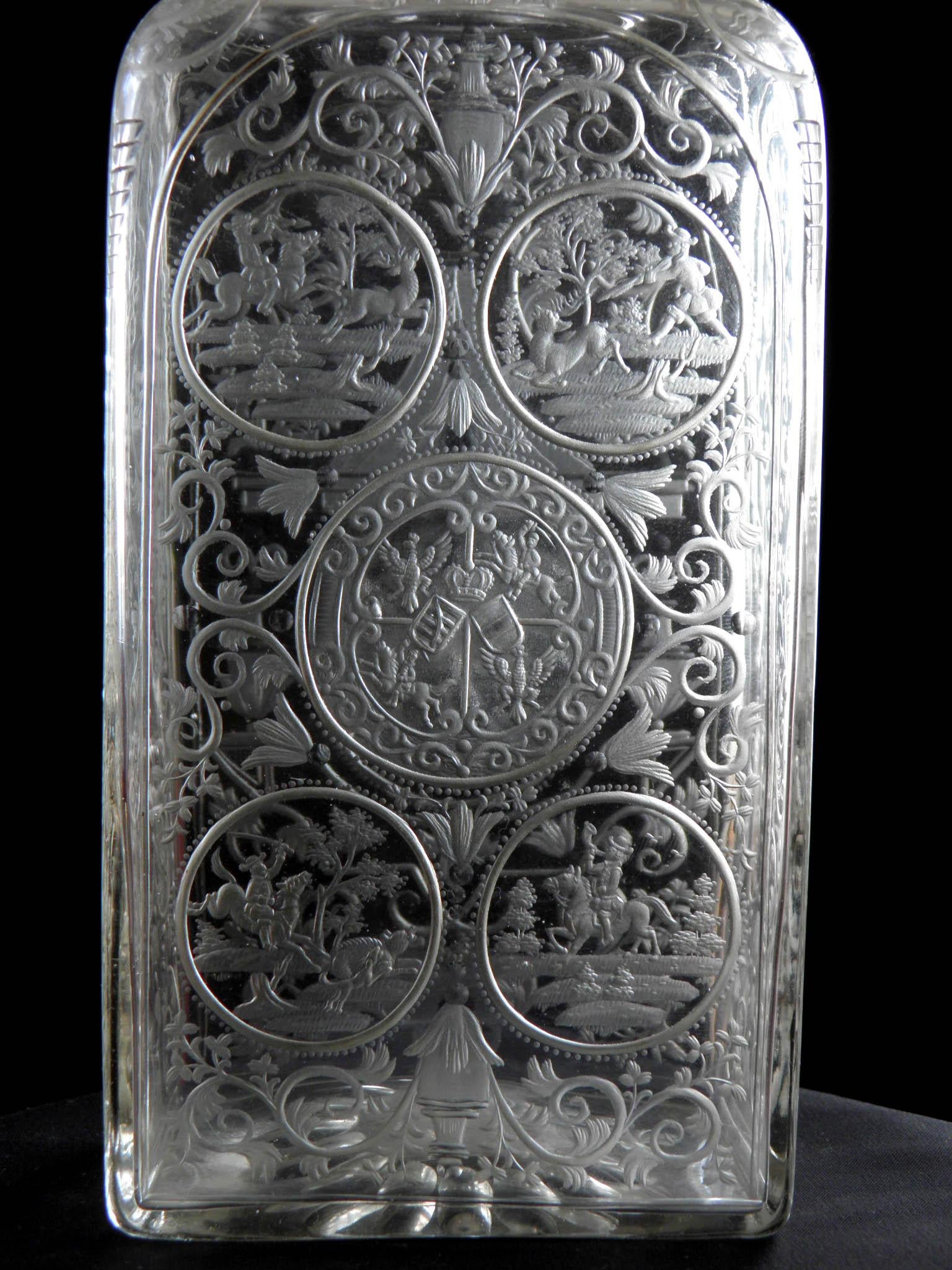 Glass Engraved Heraldic Baroque bottle of the 18th century-Hunting motif (video)