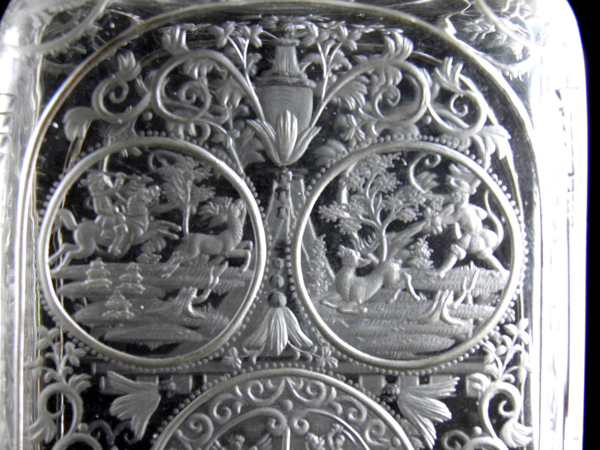 Engraved Heraldic Baroque bottle of the 18th century-Hunting motif (video) 1