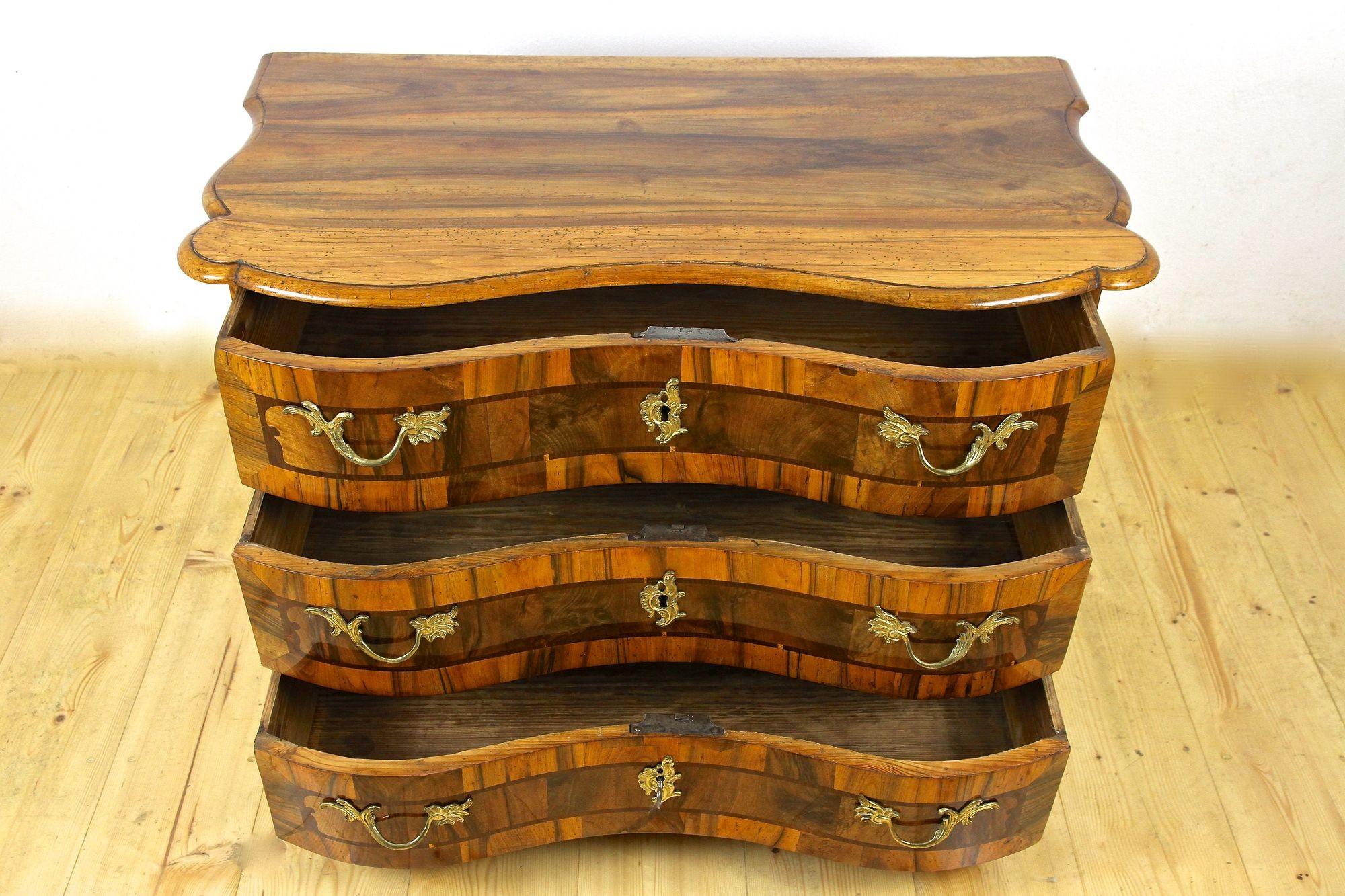 Brass 18th Century Baroque Nutwood Chest of Drawers/ Commode, South Germany circa 1760