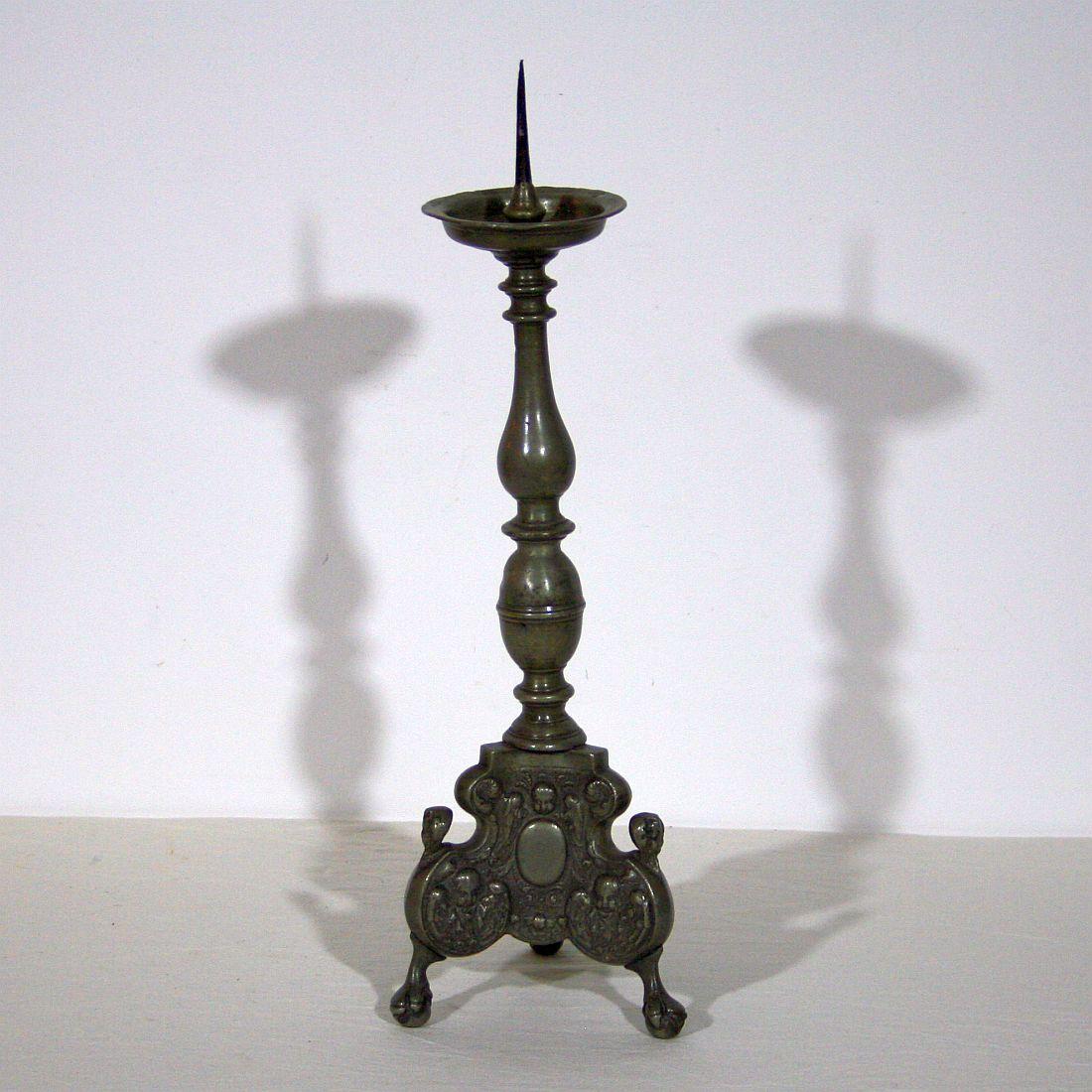 German 18th Century Baroque Pewter Candlestick with Angels