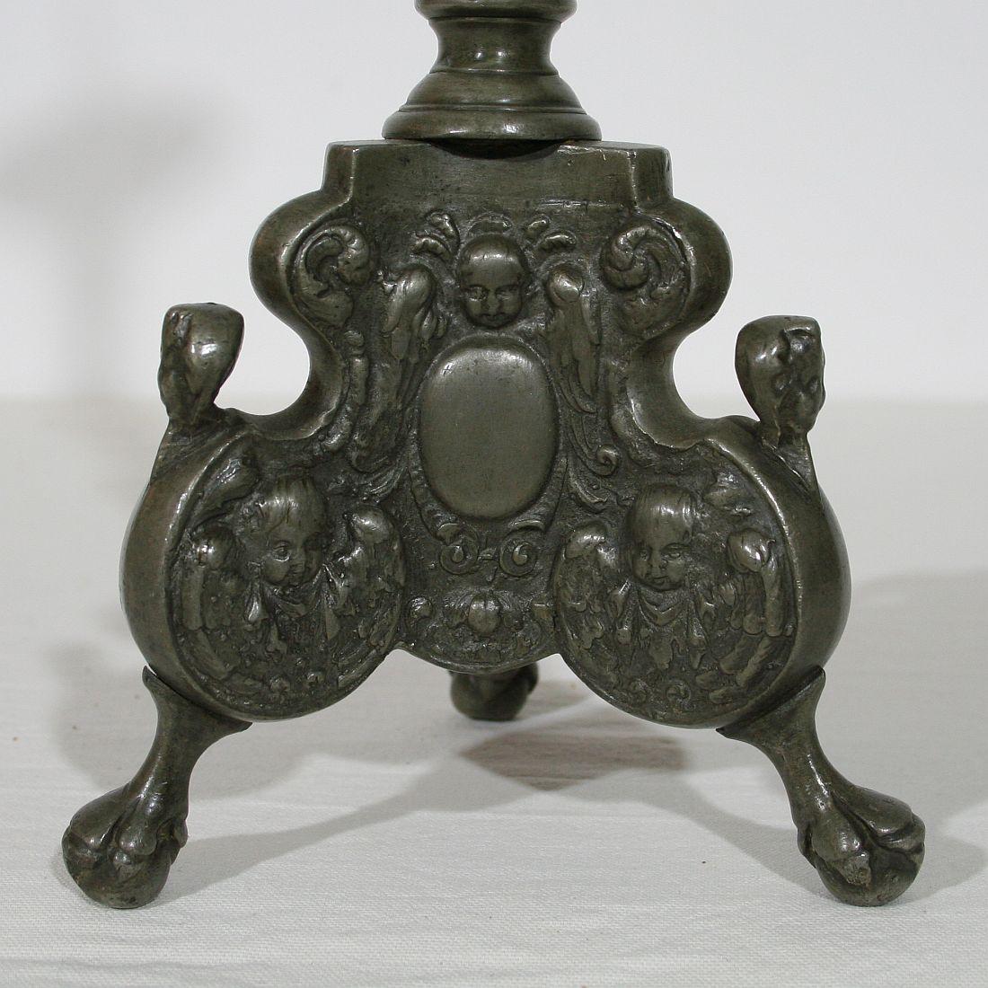 18th Century and Earlier 18th Century Baroque Pewter Candlestick with Angels