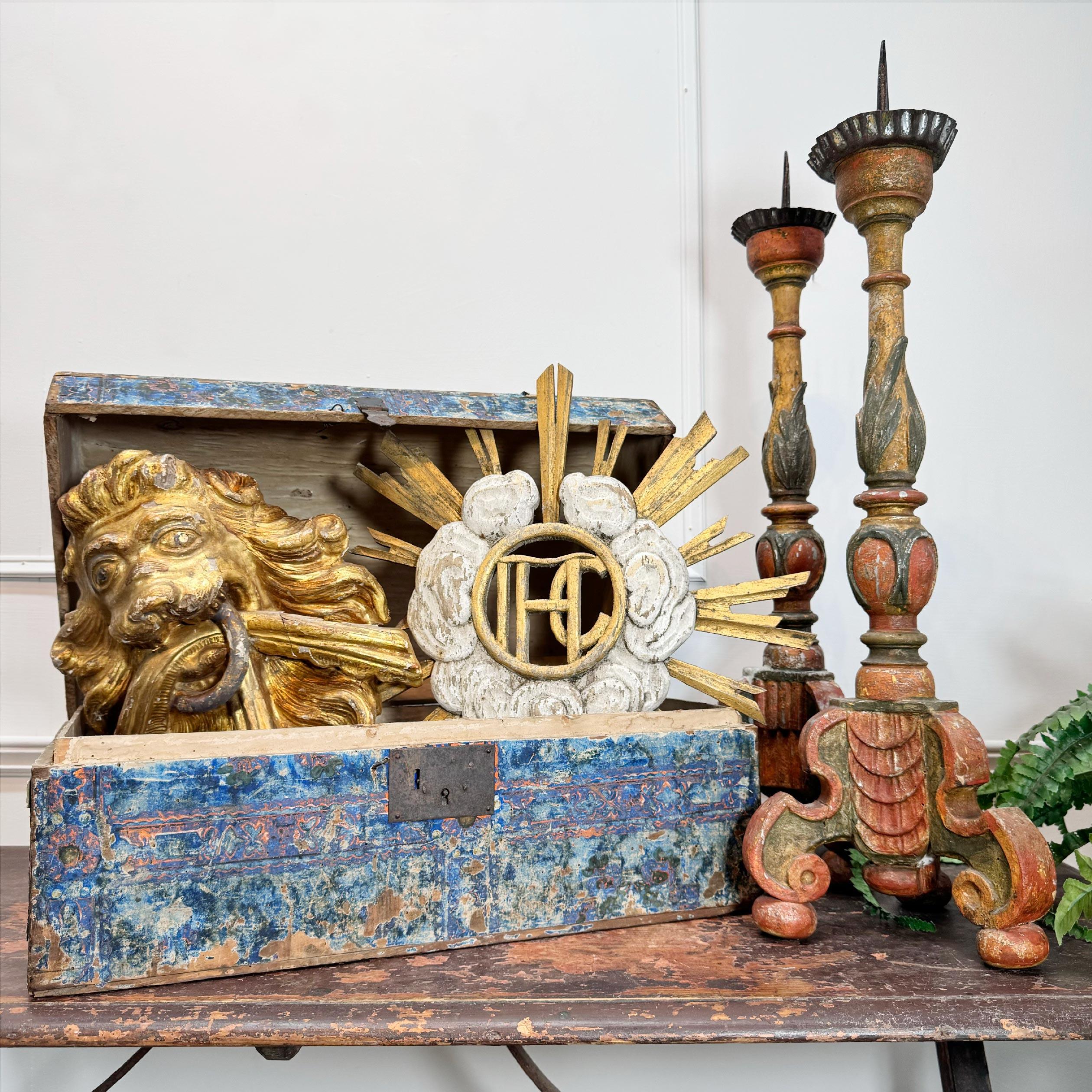 18. Jahrhundert Barock Polychromie Wood Candle Sticks im Angebot 3