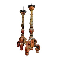 18th Century Baroque Polychrome Wood Candle Sticks