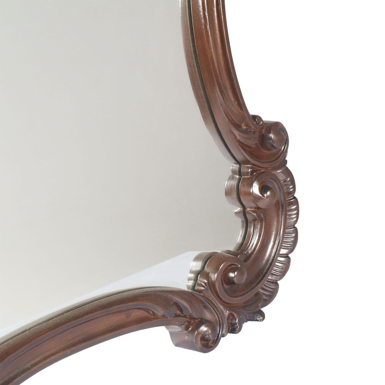 Hand-Crafted 18th Century Baroque Renaissance Hand Carved Wall Mirror, Restored Wax Polished For Sale