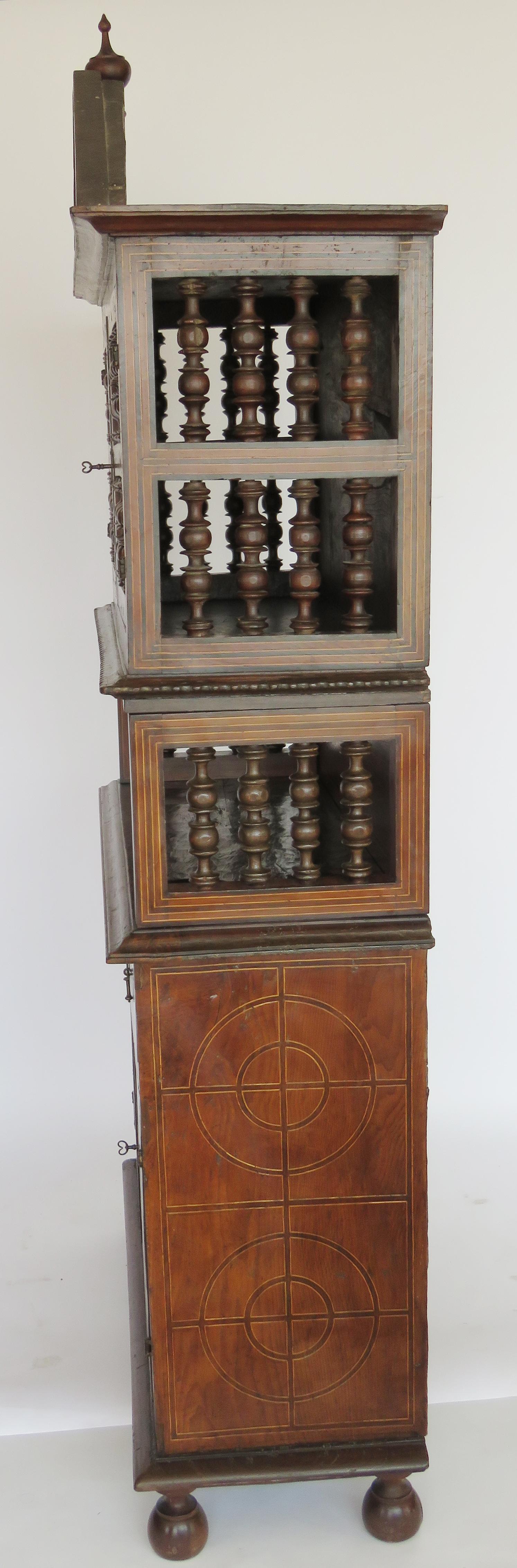 Spanish 18th Century Baroque Spindle Inlaid Walnut Cabinet For Sale