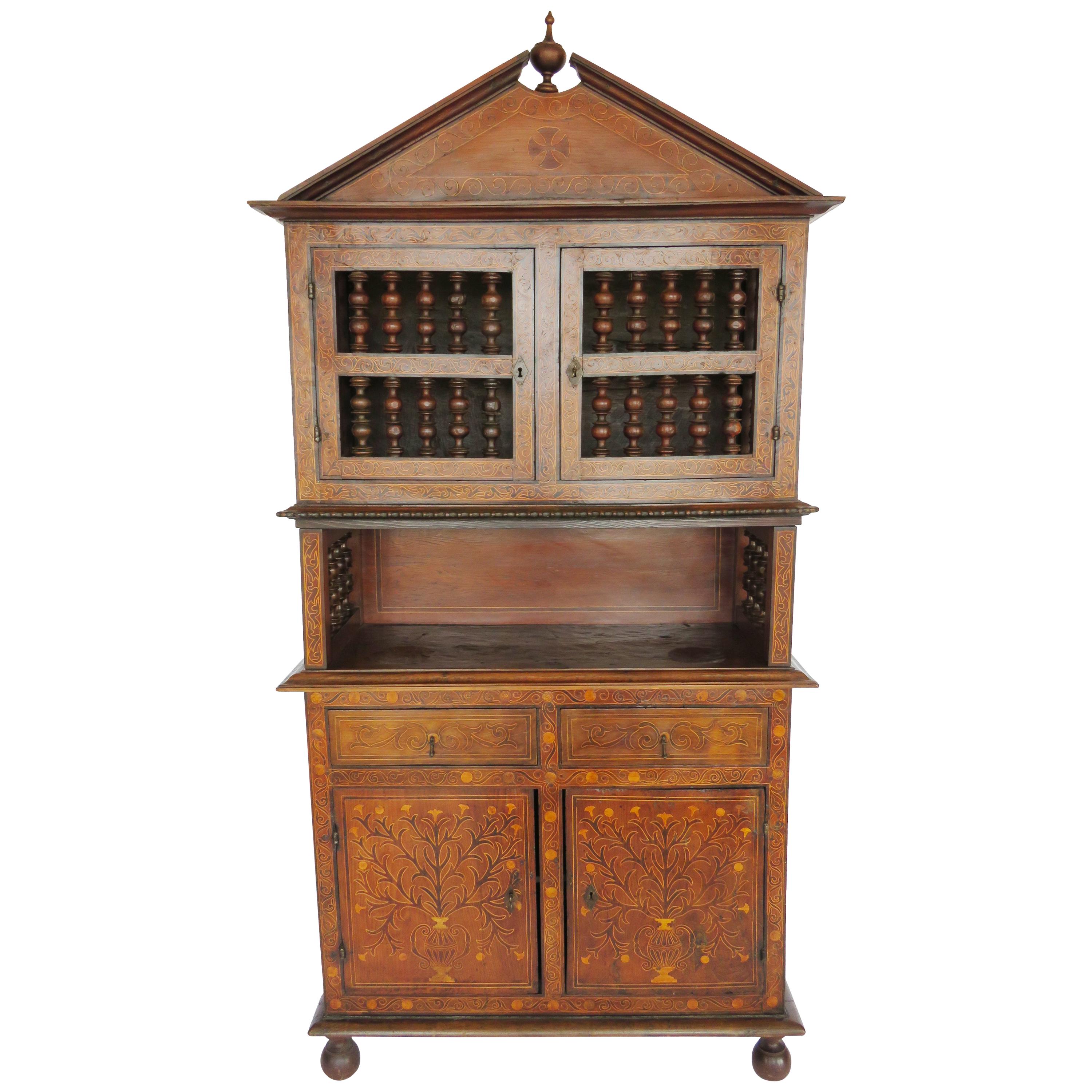 18th Century Baroque Spindle Inlaid Walnut Cabinet For Sale