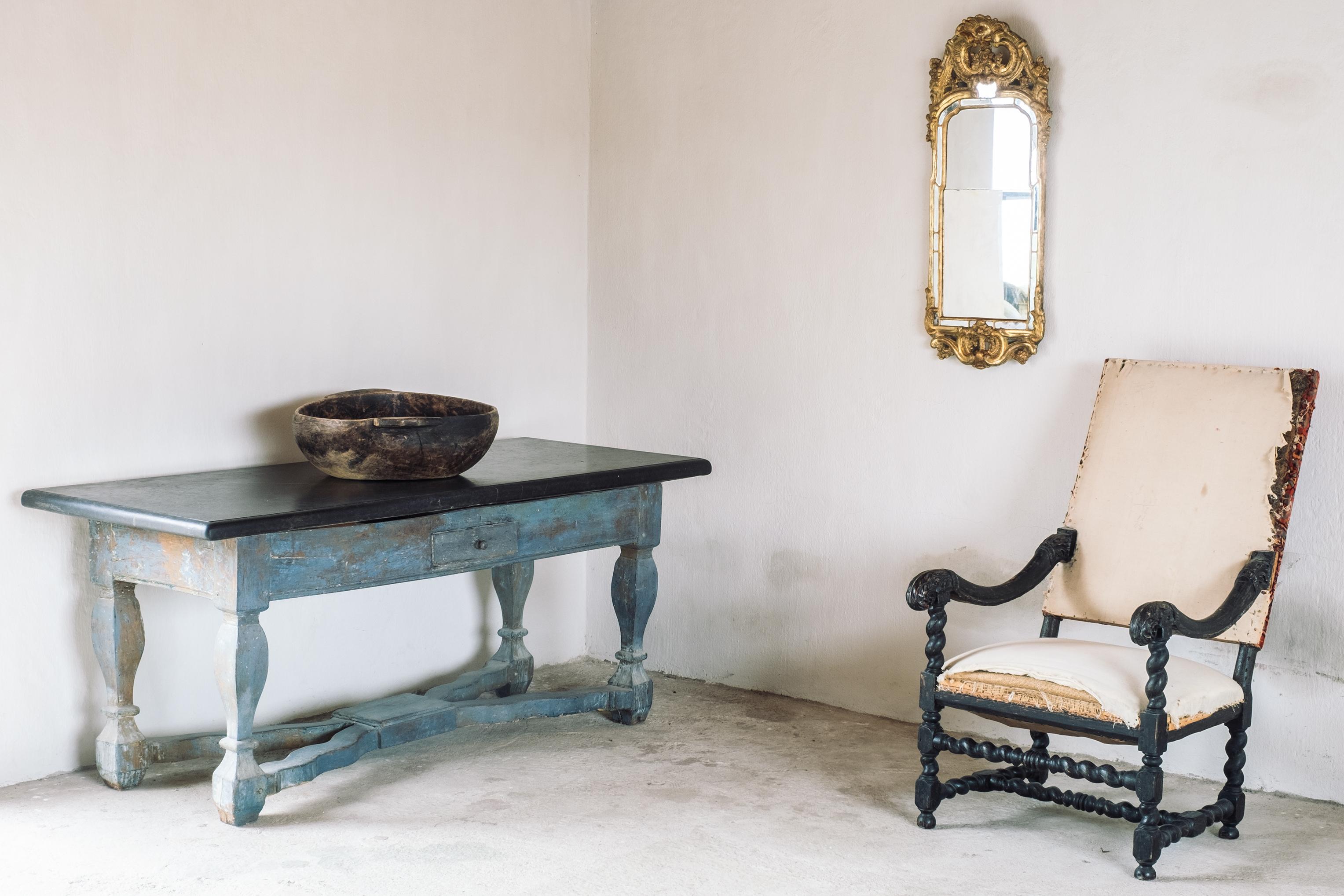 Exceptional 18th century Swedish Baroque stone top table in original blue colour with it’s original large stone slab top with moulded edge. The stone slab is a south Swedish type of grey/blackish limestone, circa 1730, Sweden.