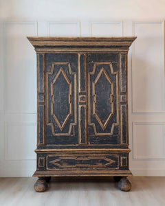 Zweiteiliges Barockkabinett aus dem 18. Jahrhundert mit schwarzem Finish und blauem Interieur
