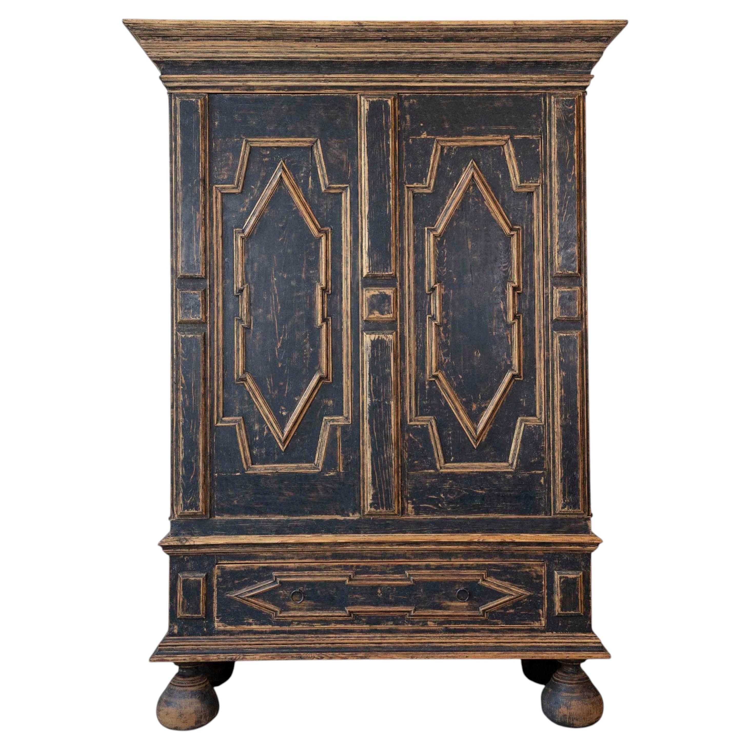 18th Century Baroque Two-Part Cabinet with Black Finish and Blue Interior For Sale