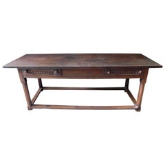 Used 18th Century Basque Dark Oak Refectory Table with Two Drawers