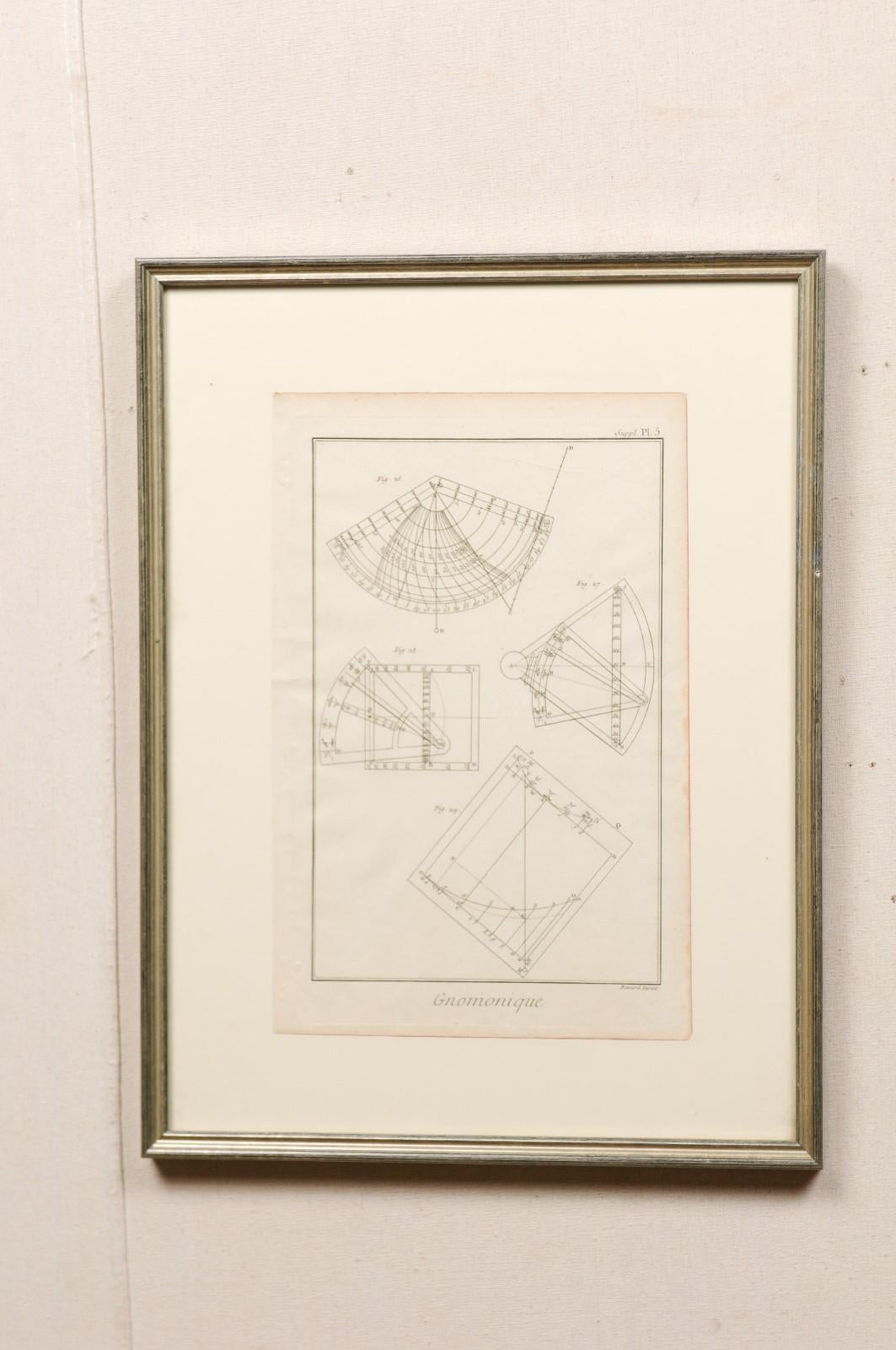 A pair of framed French 18th century Bernard Direx renderings. This is a pair of framed geometric renderings from French artist Bernard Direx in custom silvered wood frames. Each rendering was originally part of a larger book, and are copper plate