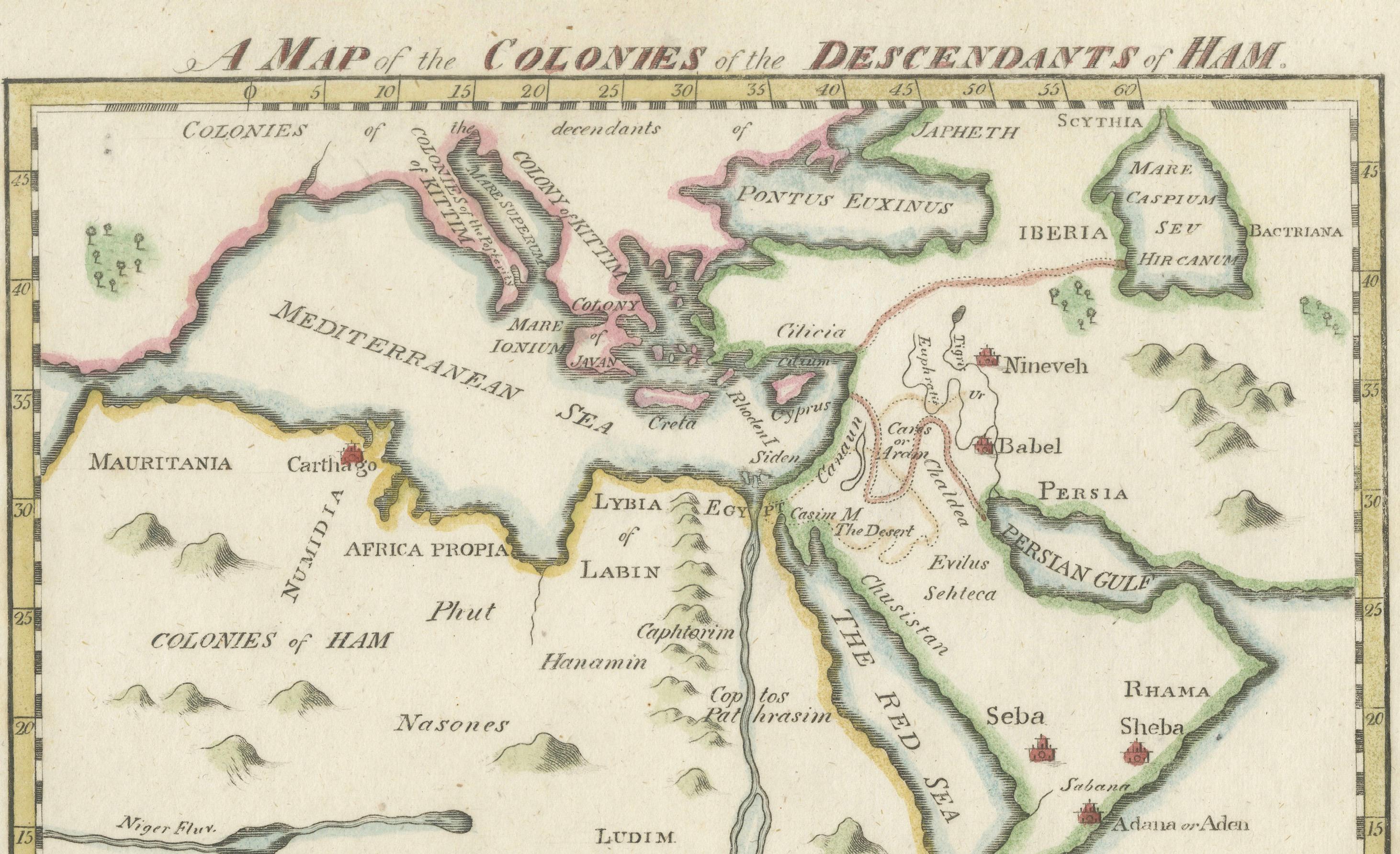 Engraved 18th-Century Biblical Map of the Colonies of Ham: Africa, Middle East and Beyond For Sale
