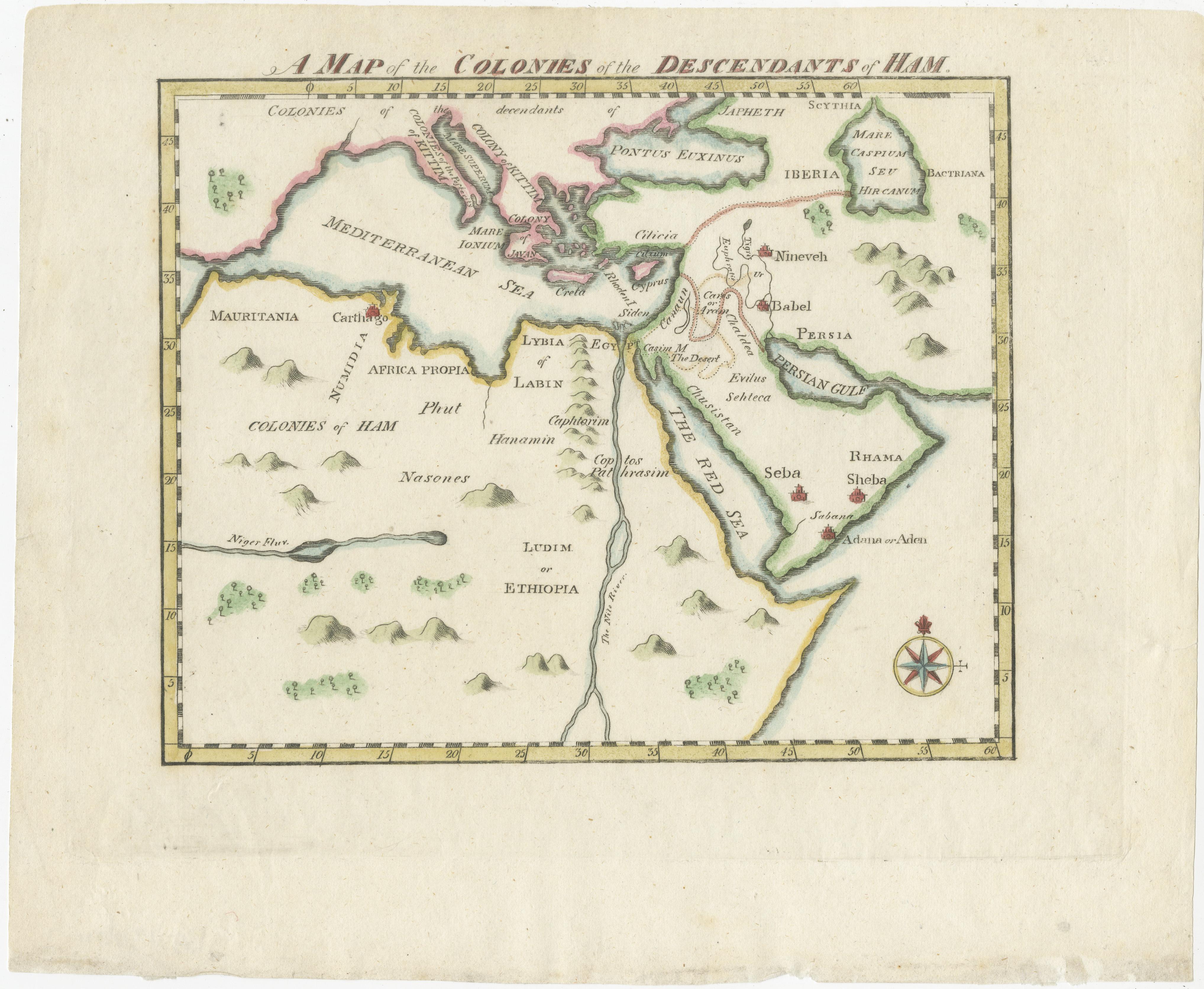 Paper 18th-Century Biblical Map of the Colonies of Ham: Africa, Middle East and Beyond For Sale