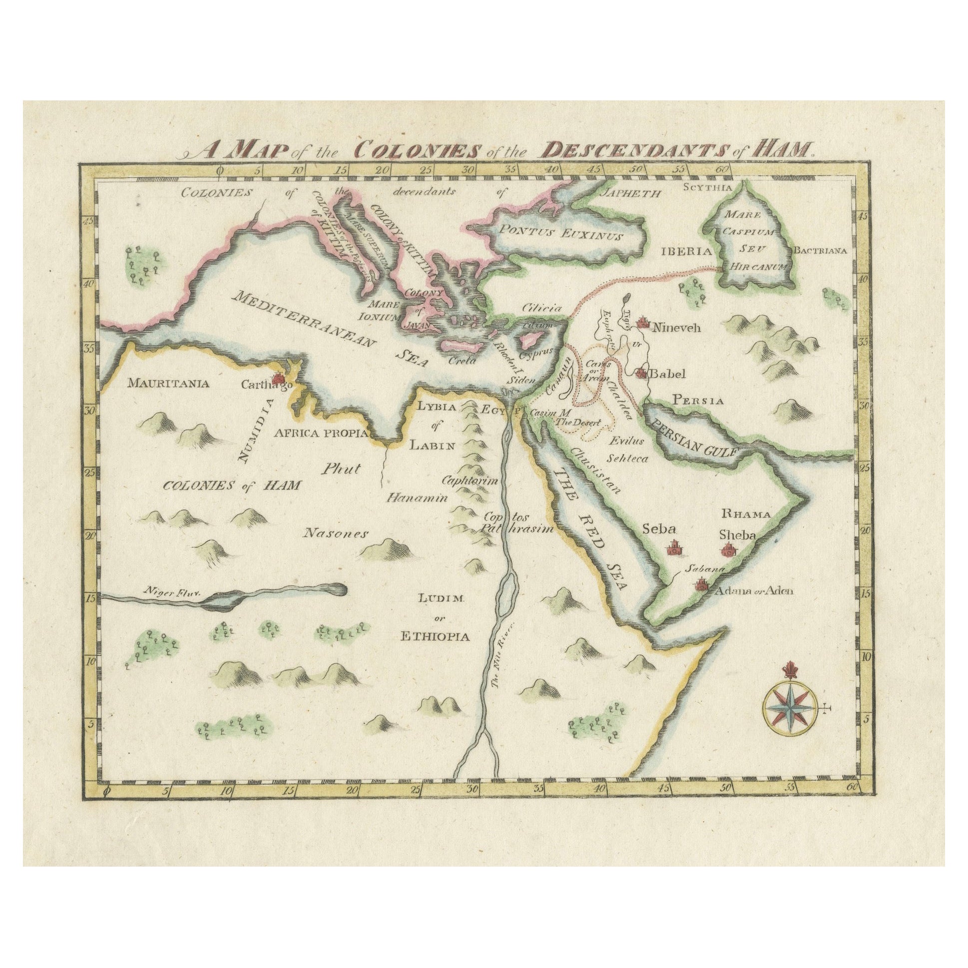 18th-Century Biblical Map of the Colonies of Ham: Africa, Middle East and Beyond For Sale