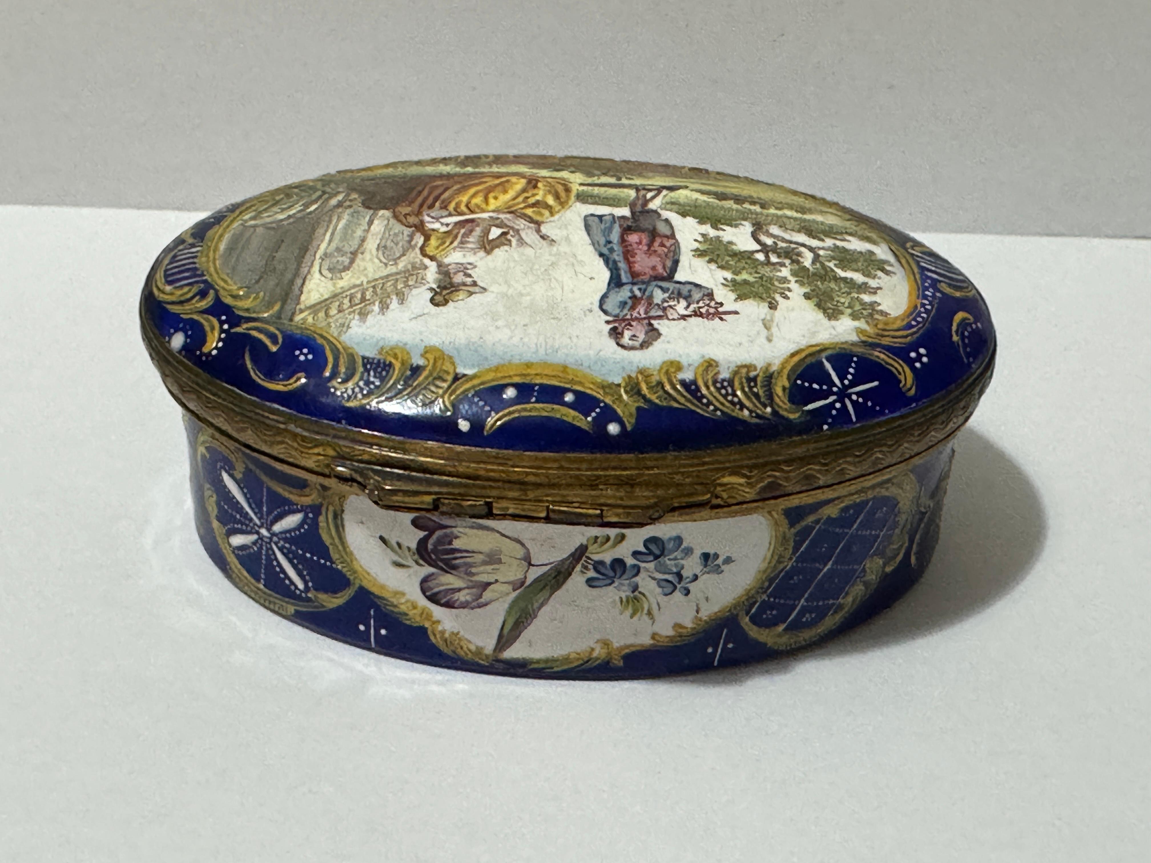 Enameled 18th Century Bilston Enamel Oval Patch / Snuff Box Circa 1780 For Sale