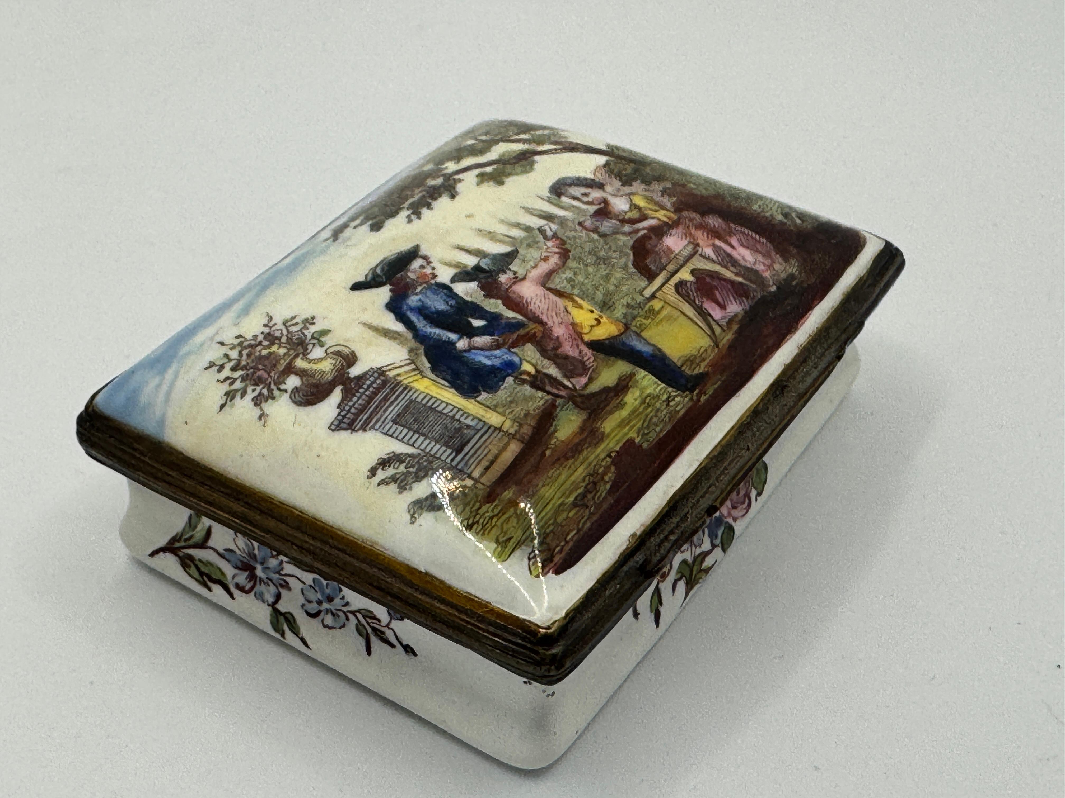 18th Century Bilston Enamel Rectangular Patch / Snuff Box Circa 1780, of shallow form, white with hand-painted floral motifs around edges and base, and a central scene depicting 3 children playing a card game, clean white interior.

25mm high x