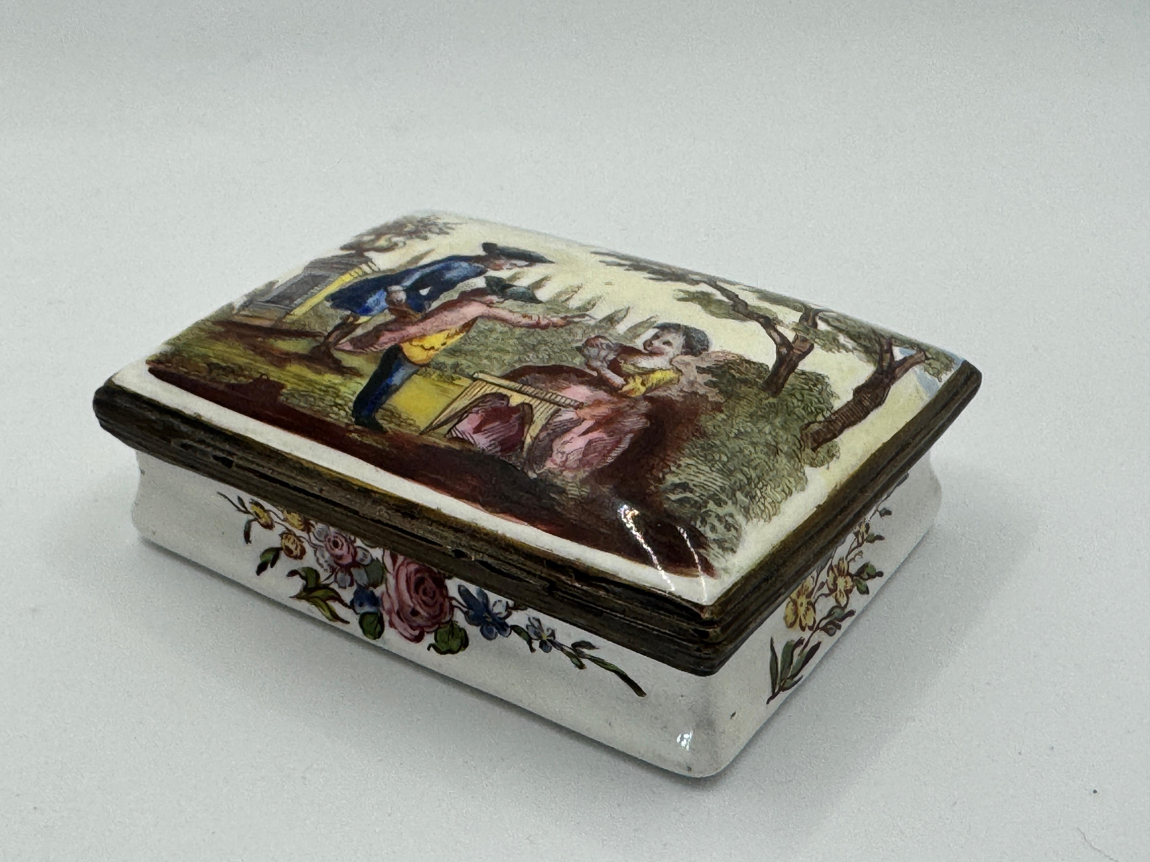 Bronze 18th Century Bilston Enamel Rectangular Patch / Snuff Box Circa 1780 For Sale