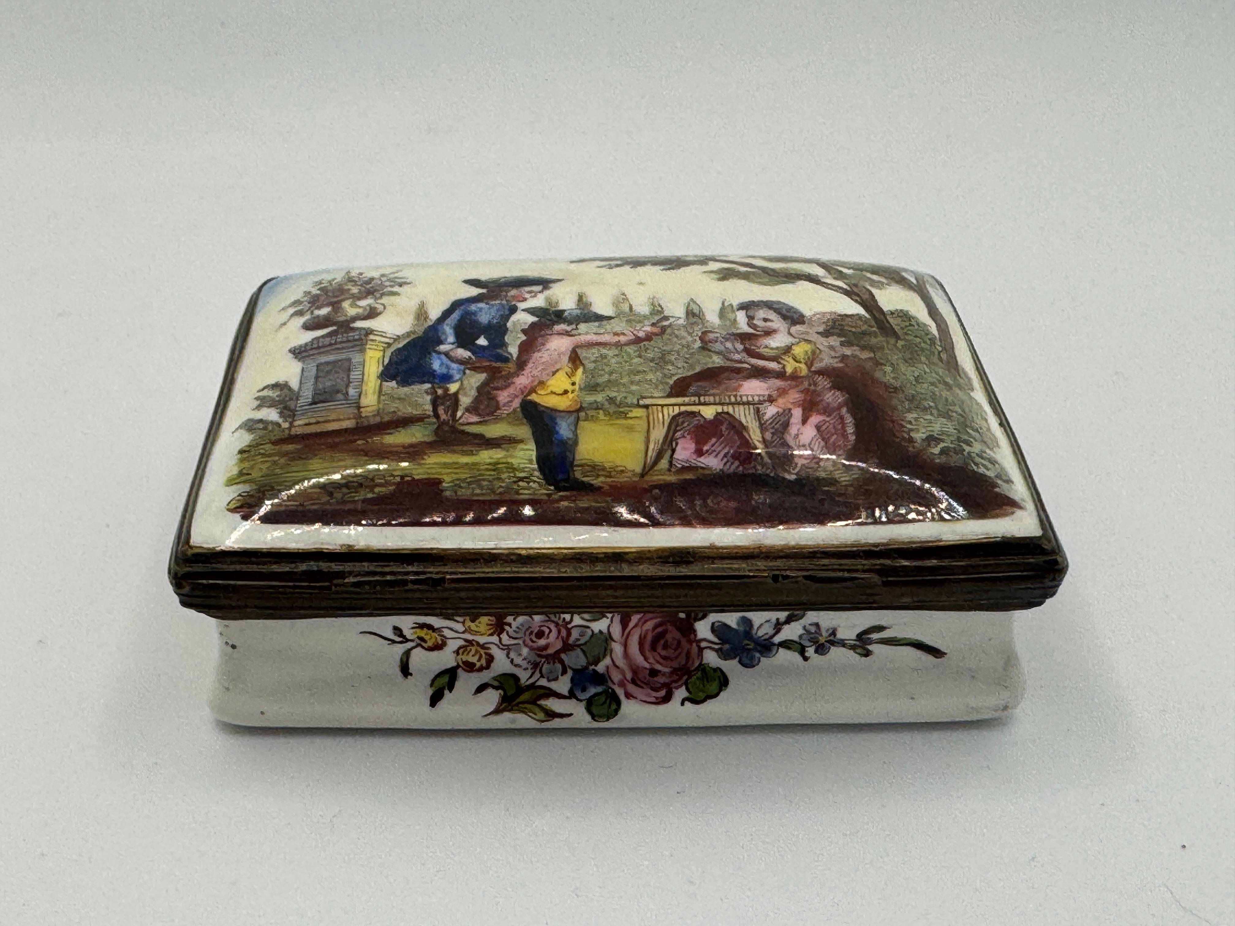 18th Century Bilston Enamel Rectangular Patch / Snuff Box Circa 1780 For Sale 1