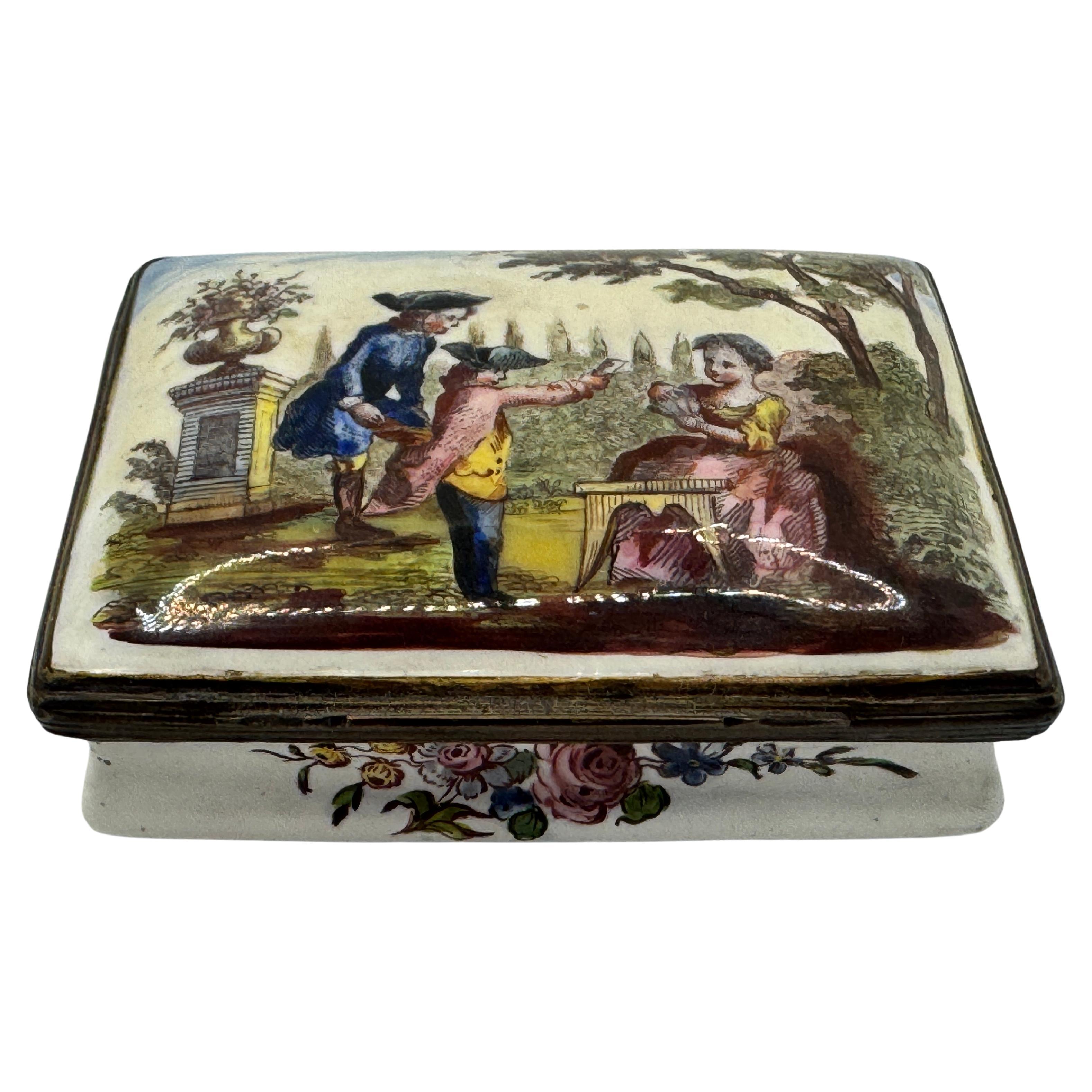 18th Century Bilston Enamel Rectangular Patch / Snuff Box Circa 1780 For Sale