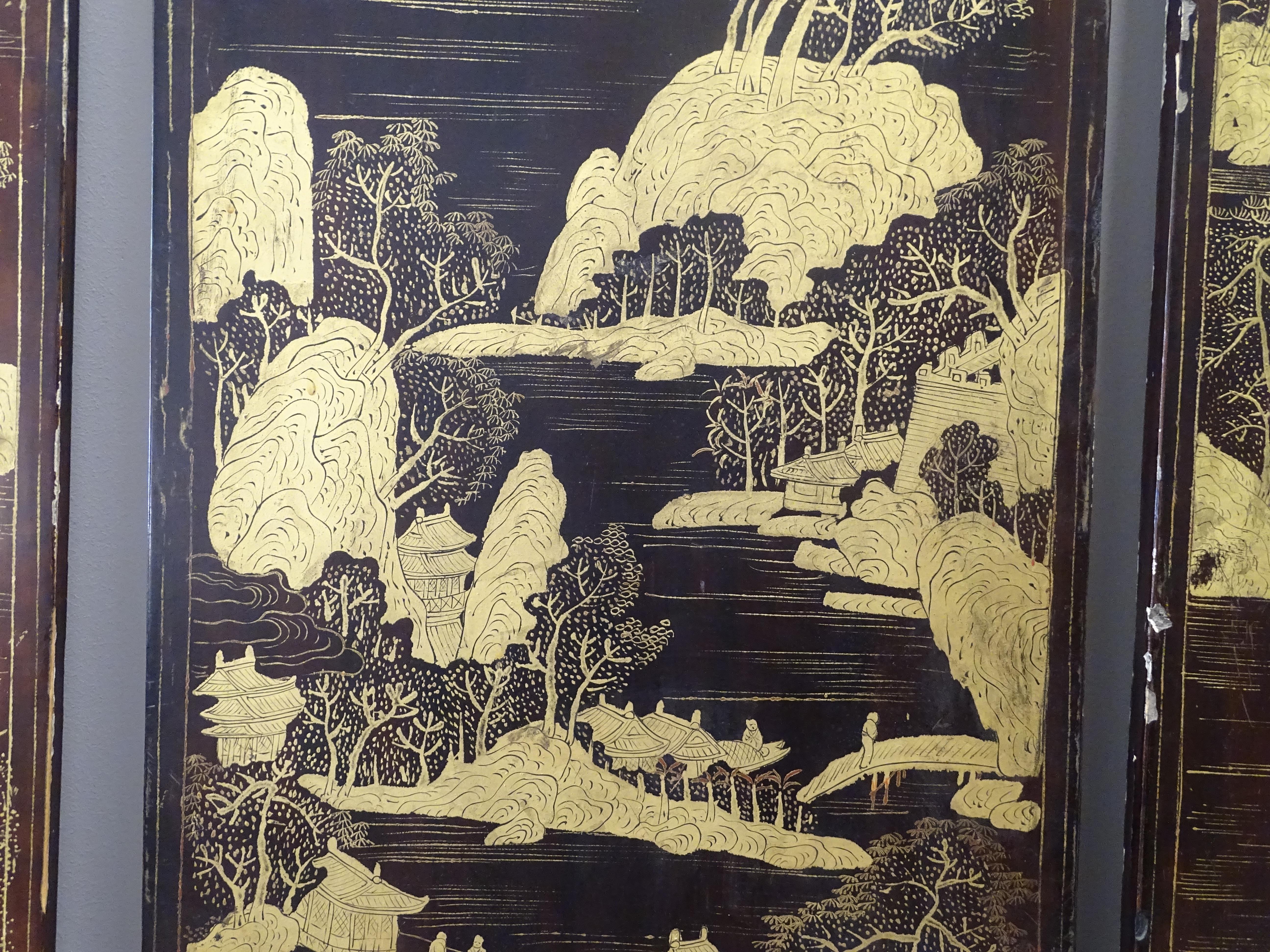 18th Century Black and Gold Coromandel Screen with 4 Sheets 10