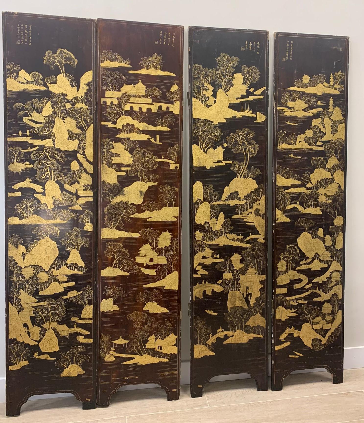 One of a kind Black lacquer screen with four panels or Coromandel-type leaves, belonging to the Chinese Qing dynasty, late 16th century - early 19th century. Different landscapes are depicted hand-painted with gold on a black lacquer background. In