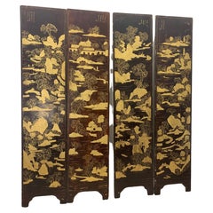 Antique 18th Century Black and Gold Coromandel Screen with 4 Sheets