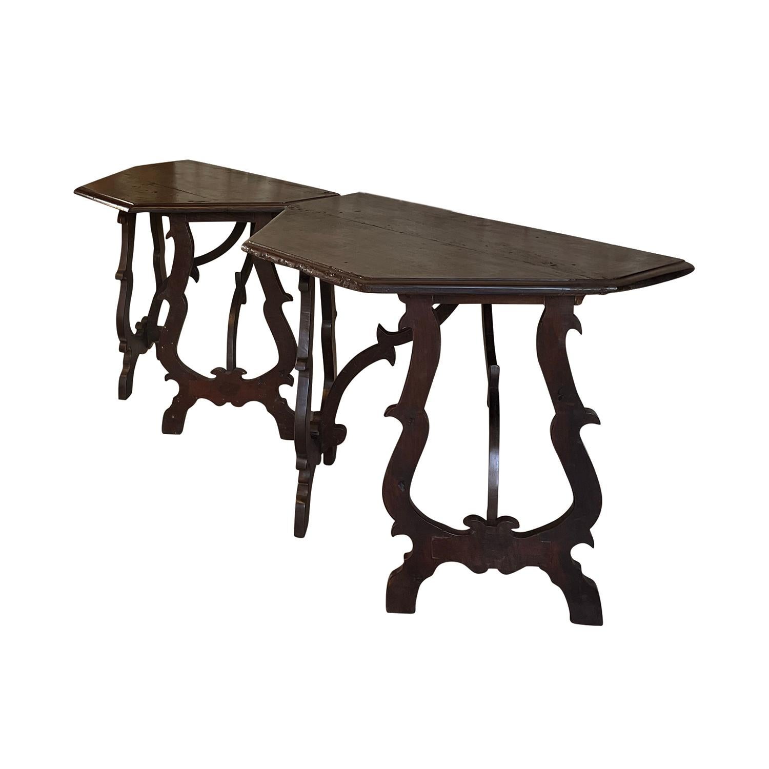 Hand-Carved 18th Century Black Italian Pair of Antique Walnut Baroque Console, End Tables For Sale