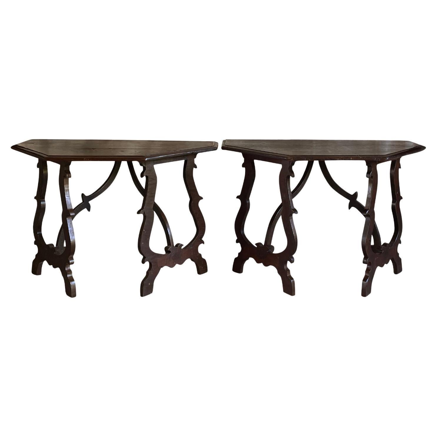 18th Century Black Italian Pair of Antique Walnut Baroque Console, End Tables For Sale