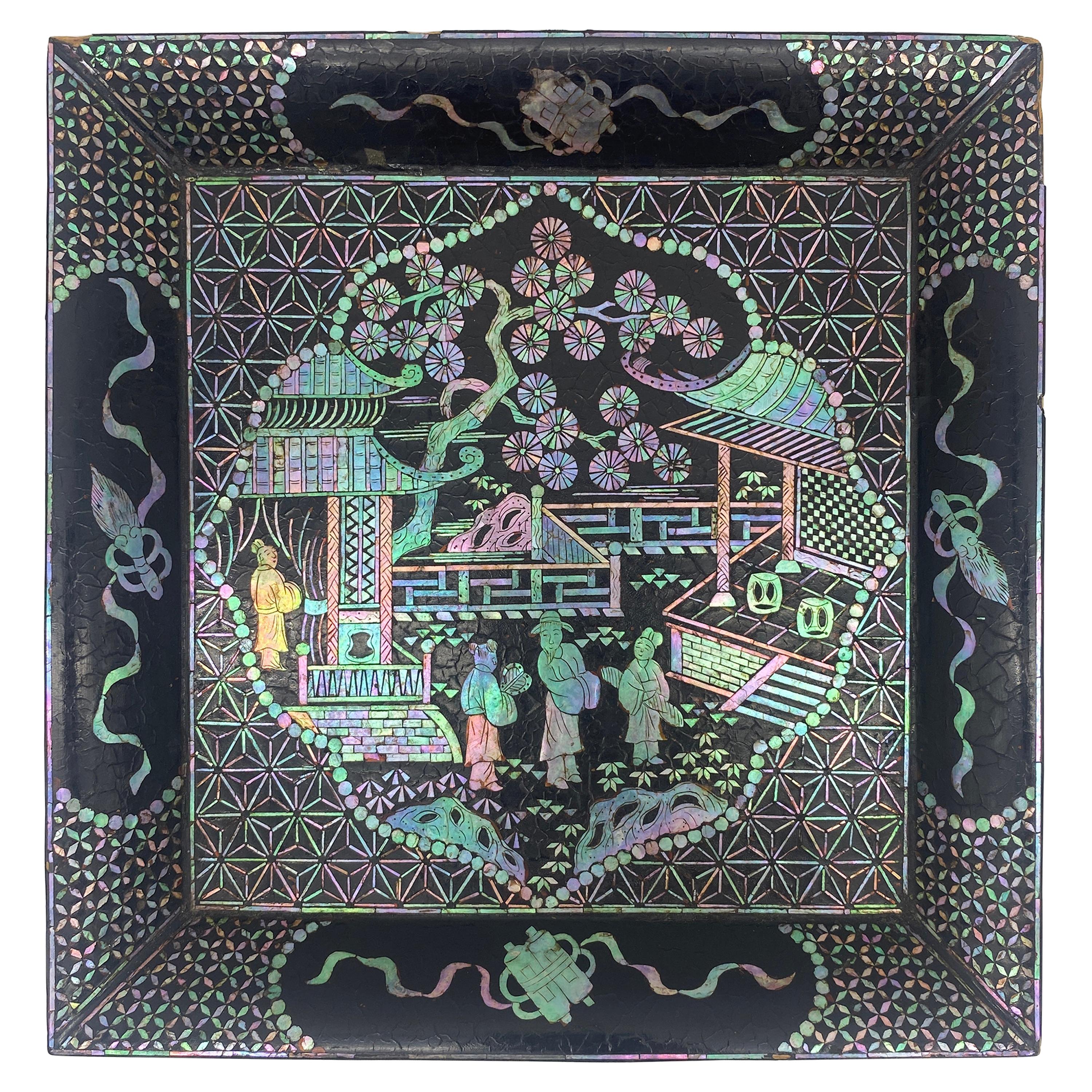 18th Century Black Lacquer Mother of Pearl Inlay Plate