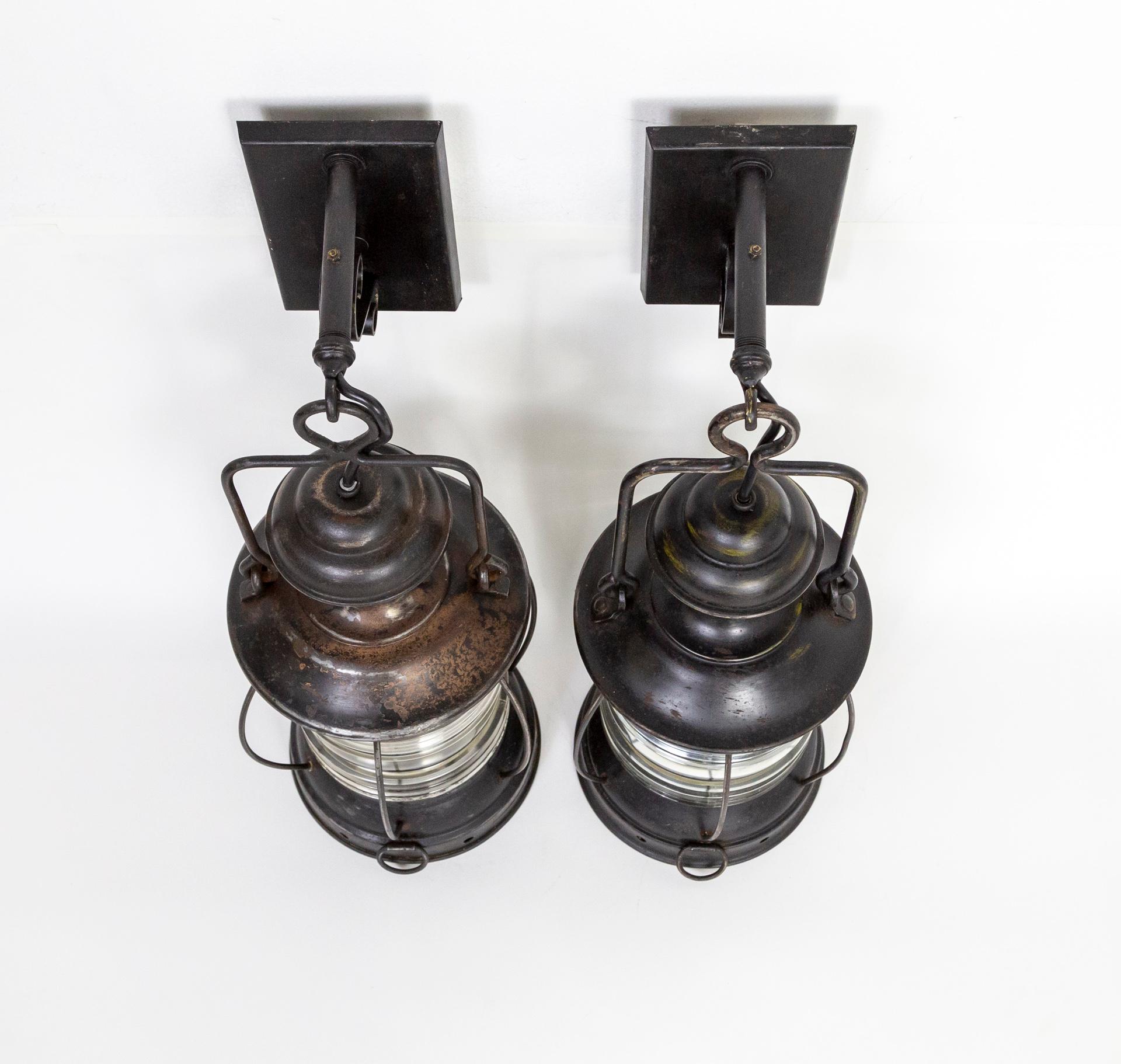 19th Century Black Nautical Lantern Sconces 'Pair' 6