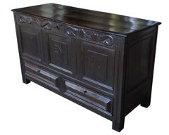 18th Century Black Oak Renaissance Coffer with Carved Fish Decoration