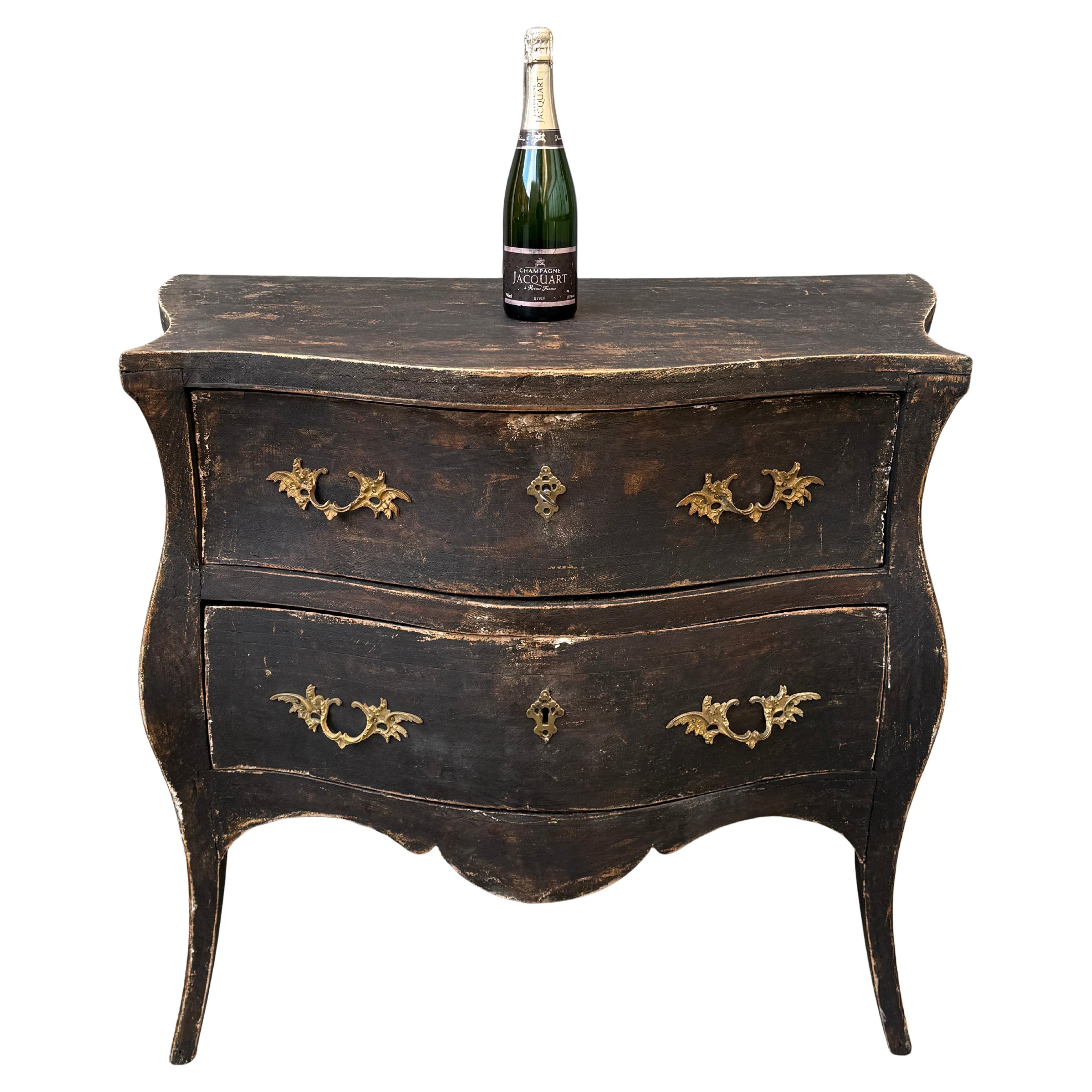 18th Century Black Painted Rococo Commode Chest of Drawers, Bombe Style