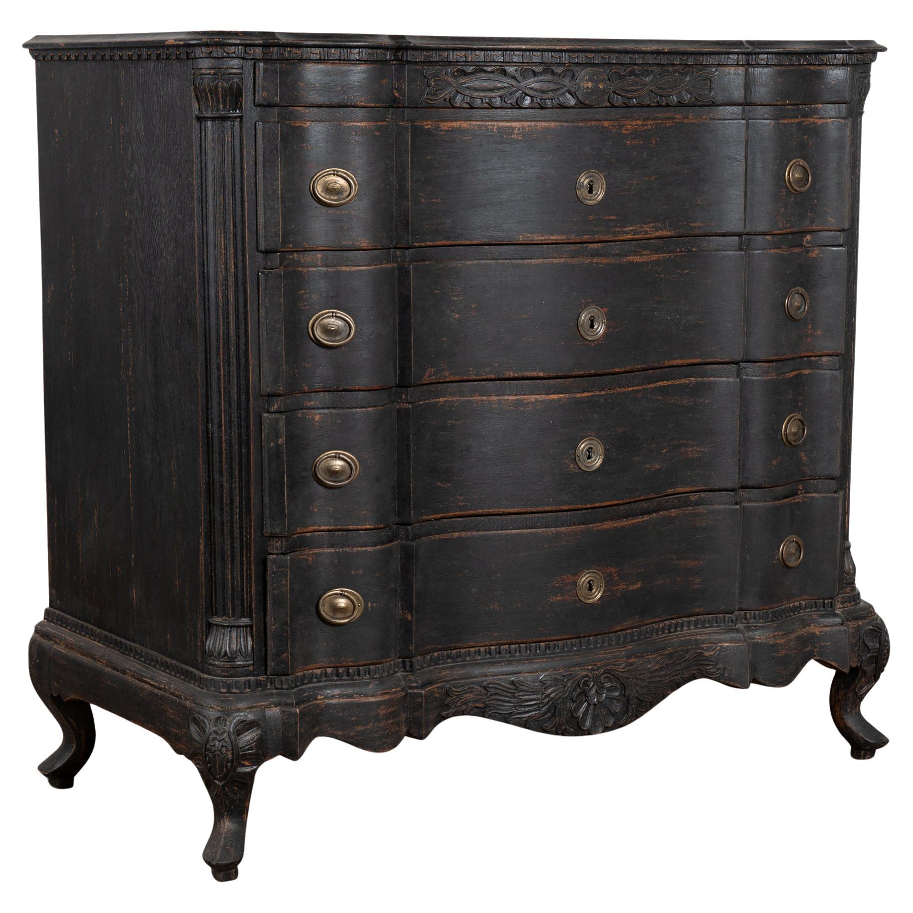 18th Century Black Rococo Large Chest of Four Drawers, Denmark For Sale