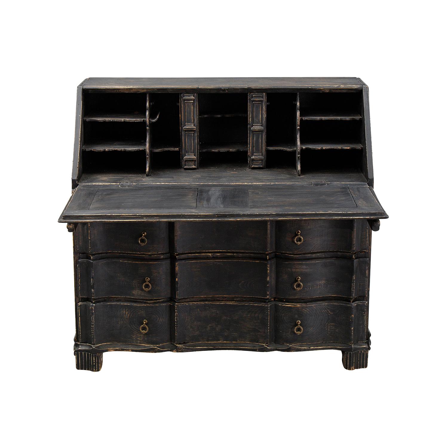 A black, antique Swedish Gustavian one part bureau, secretaire made of hand crafted painted Pinewood, in good condition. The Scandinavian writing table, desk is composed with a writing flap, three large drawers and one small one. The upper part of