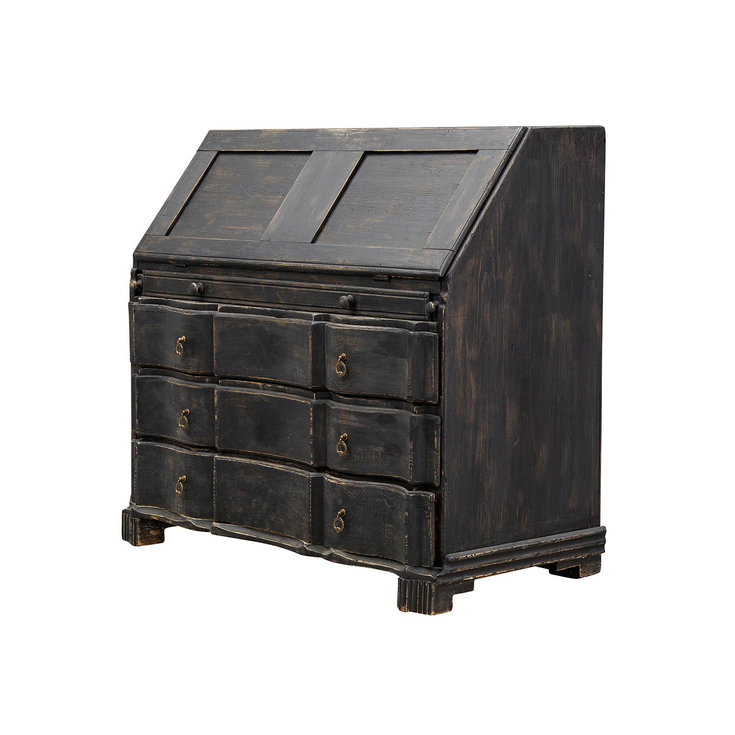 Hand-Carved 18th Century Black Swedish Gustavian One Part Pine Bureau - Antique Secretary For Sale