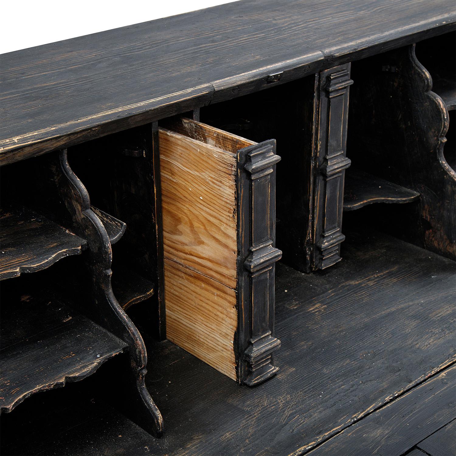 Metal 18th Century Black Swedish Gustavian One Part Pine Bureau - Antique Secretary For Sale